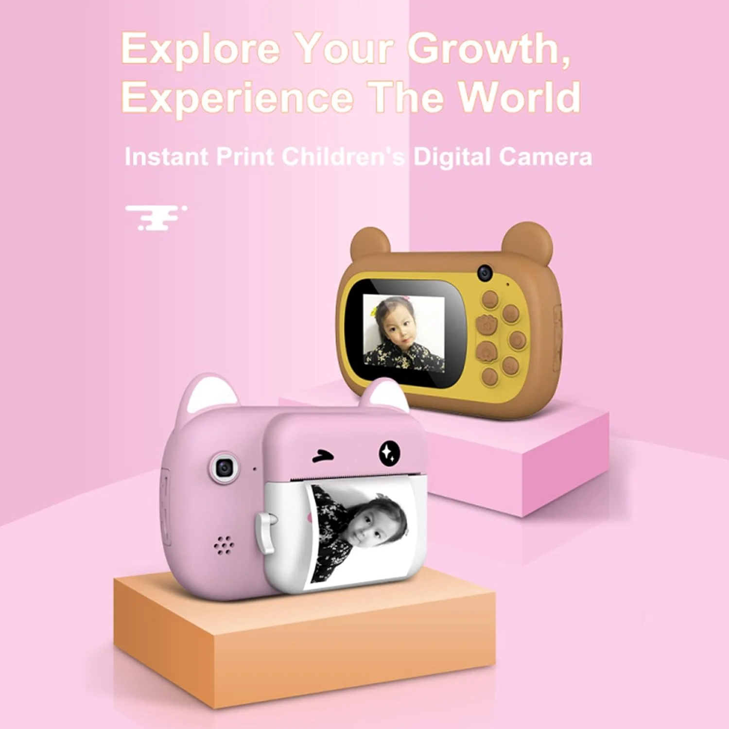 A7 Kids Camera 1080P Digital Instant Camera Photo Printer with 24Mp Dual Cameras 2.4 inch Display Screen 3 Rolls of Print Paper Replaceable TF Card Design for Children