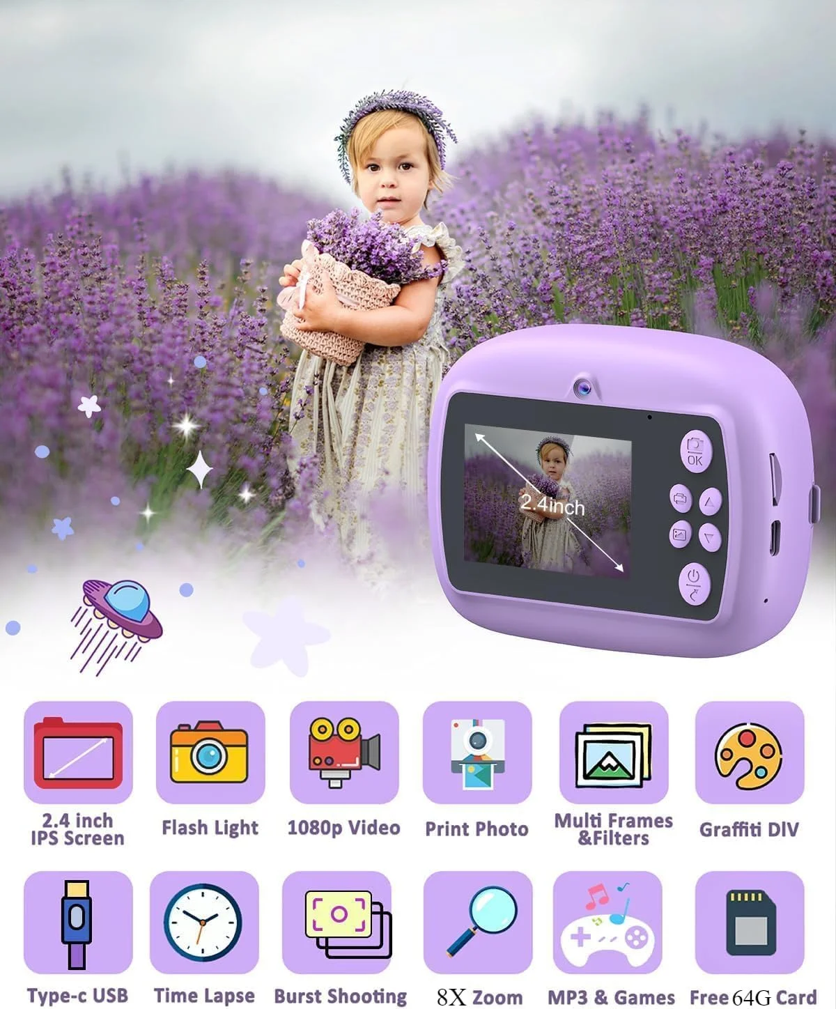 دوربین چاپ فوری برای کودکان، عکس چاپ فوری 1080P HD با 3 رول کاغذ عکس، کارت 64 گیگابایتی، 5 قلم رنگی و گرافیتی DIY، هدیه تولد برای دختران و پسران (بنفش (پری دریایی))