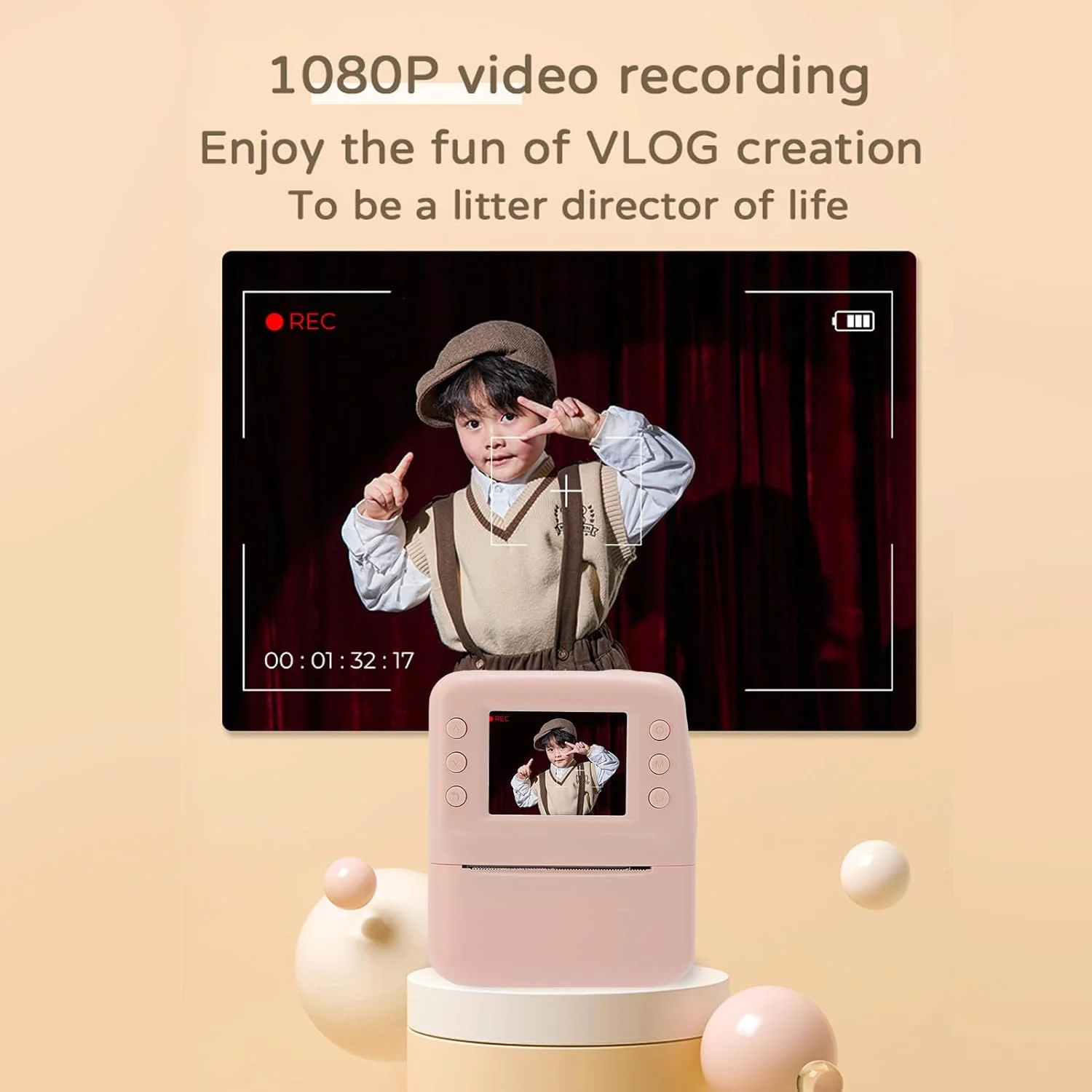 دوربین چاپ فوری برای کودکان، دوربین سلفی HD 48 مگاپیکسلی با کاغذ چاپ و کارت 32 گیگابایتی، دوربین فیلمبرداری دیجیتال 2.4 اینچی برای کودکان 3 تا 14 ساله (صورتی)