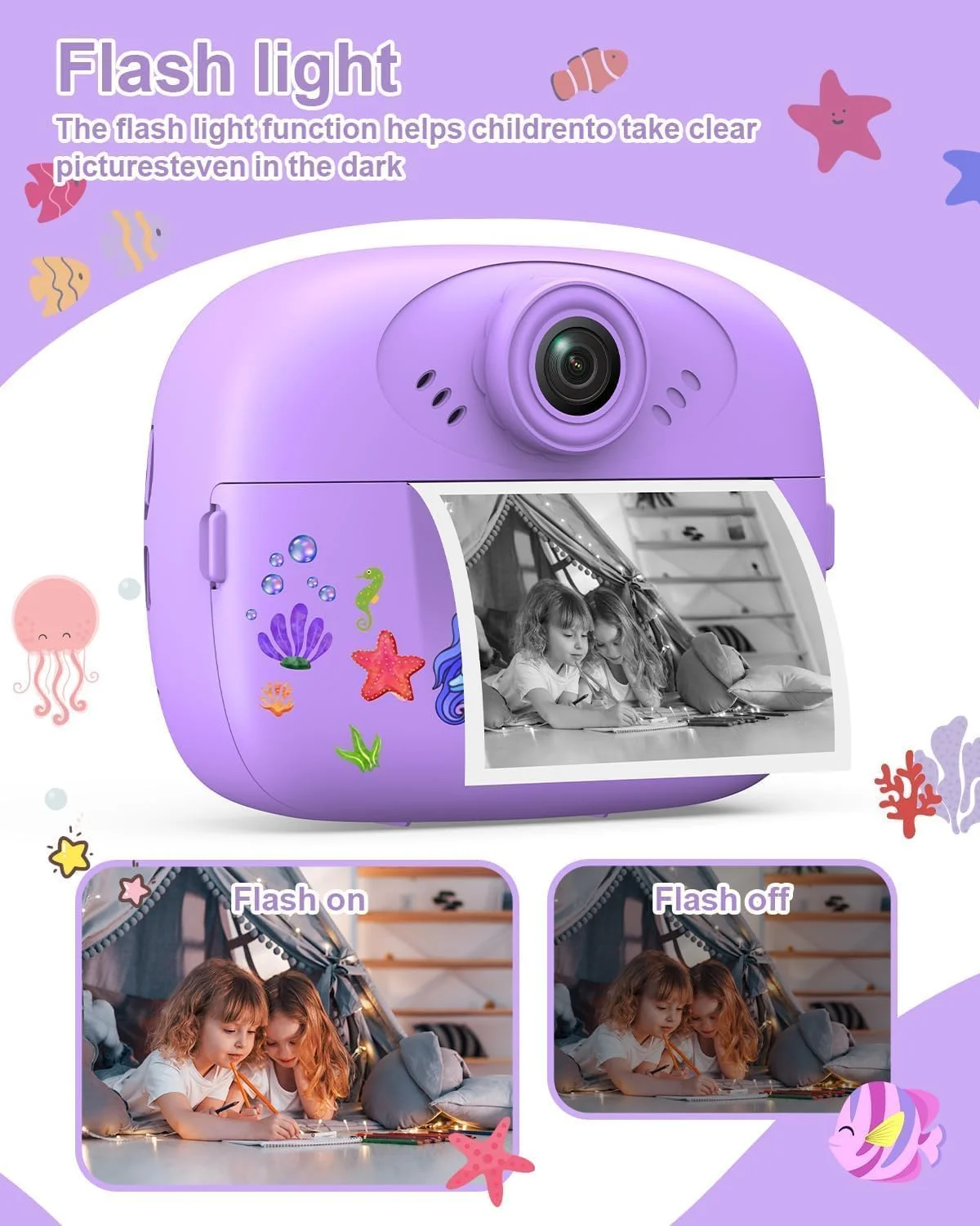 دوربین چاپ فوری برای کودکان، عکس چاپ فوری 1080P HD با 3 رول کاغذ عکس، کارت 64 گیگابایتی، 5 قلم رنگی و گرافیتی DIY، هدیه تولد برای دختران و پسران (بنفش (پری دریایی))