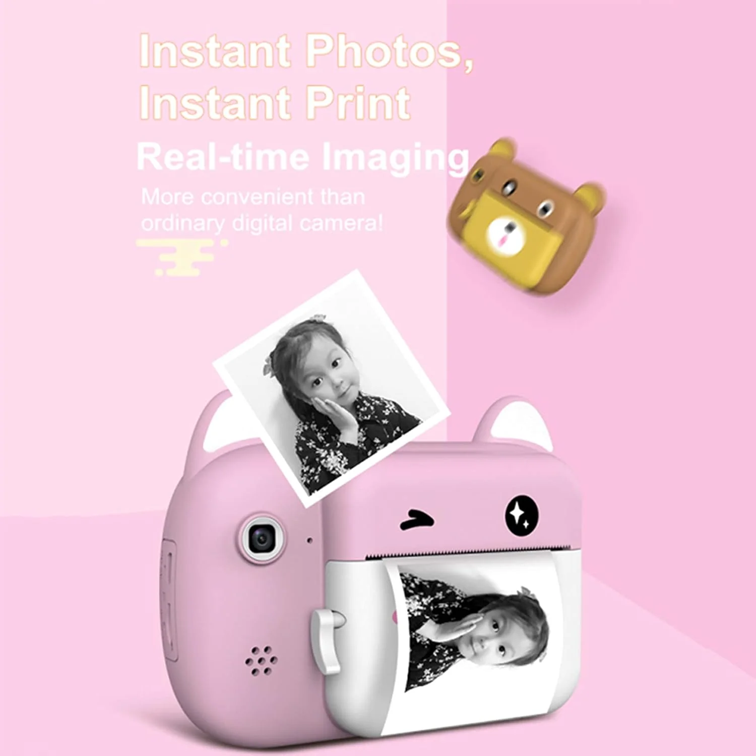 A7 Kids Camera 1080P Digital Instant Camera Photo Printer with 24Mp Dual Cameras 2.4 inch Display Screen 3 Rolls of Print Paper Replaceable TF Card Design for Children