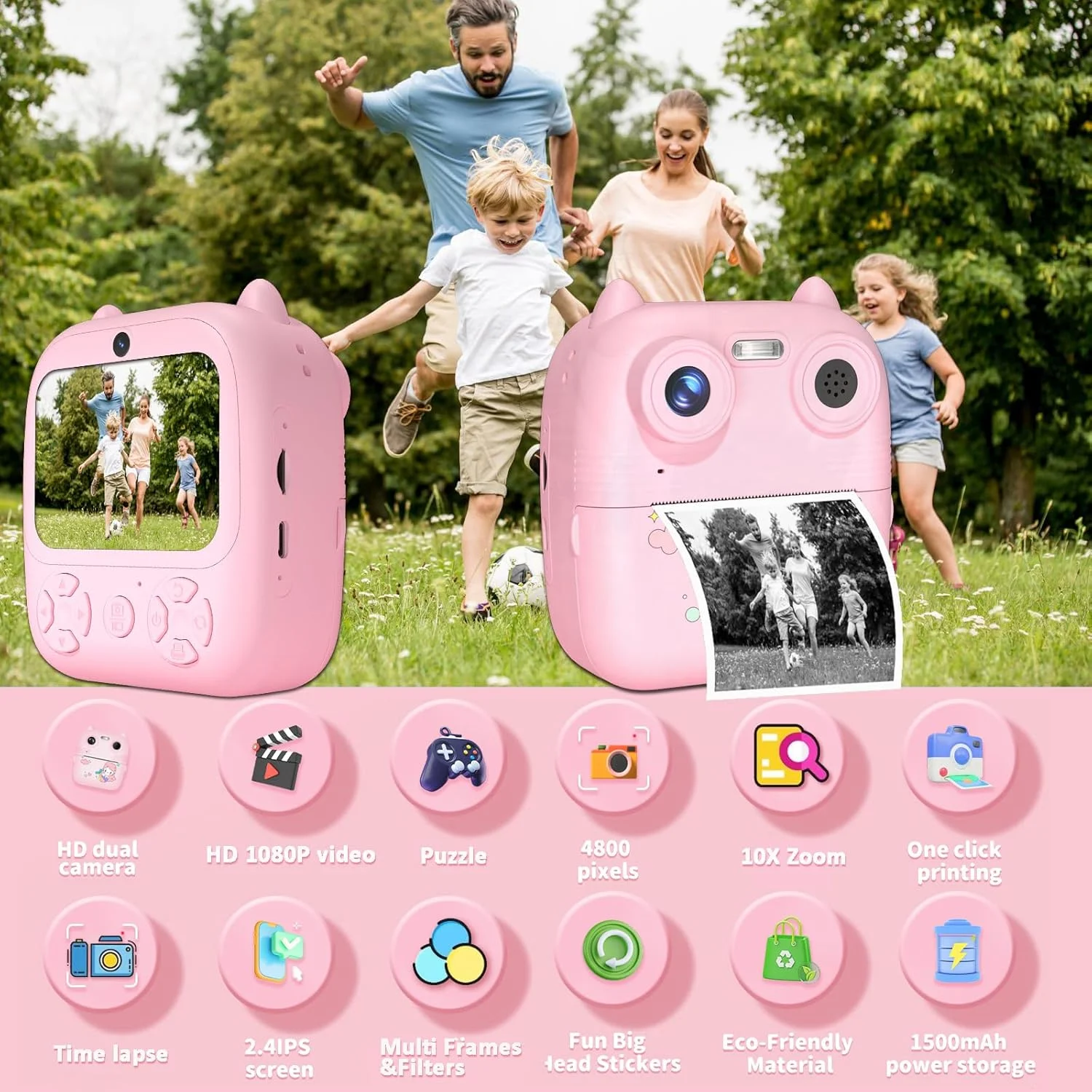 دوربین فوری چاپ کودکانه ydi، دوربین دیجیتال فوری سلفی HD1080P با صفحه نمایش دوگانه 2.4 اینچی برای کودکان به همراه کارت 32 گیگابایتی، اسباب بازی و هدیه برای کودکان 3 تا 12 سال، صورتی