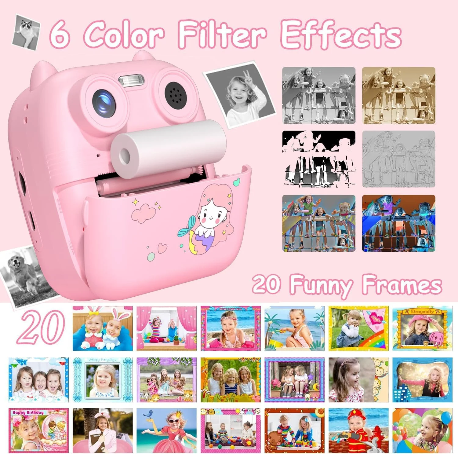 دوربین فوری چاپ کودکانه ydi، دوربین دیجیتال فوری سلفی HD1080P با صفحه نمایش دوگانه 2.4 اینچی برای کودکان به همراه کارت 32 گیگابایتی، اسباب بازی و هدیه برای کودکان 3 تا 12 سال، صورتی