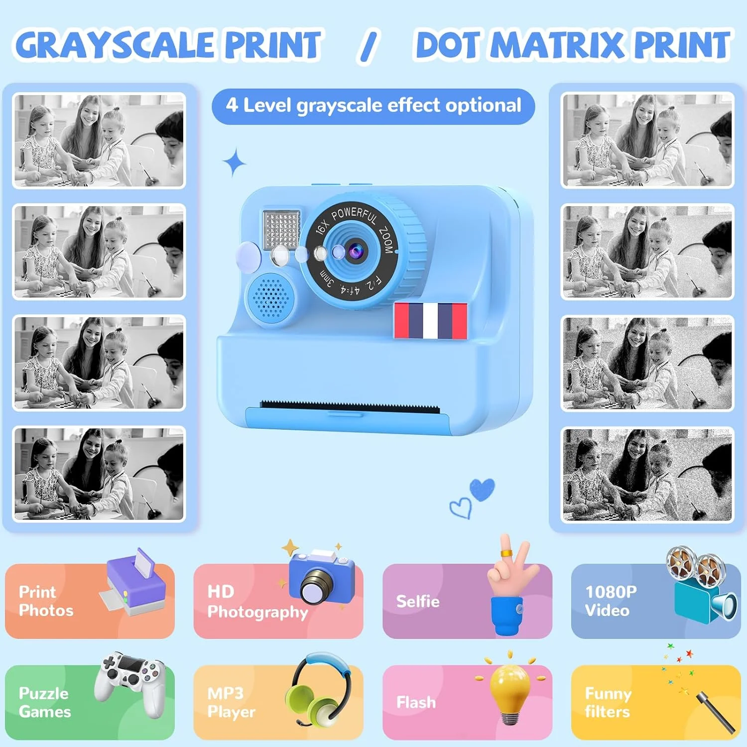 دوربین چاپ فوری کودکانه یوسفنگ - هدیه تولد و کریسمس برای دختران و پسران 3 تا 10 ساله، دوربین فوری کودکانه با صفحه نمایش 2.4 اینچی، دوربین دیجیتال فیلمبرداری دوگانه کودکانه با کارت حافظه 32 گیگابایتی