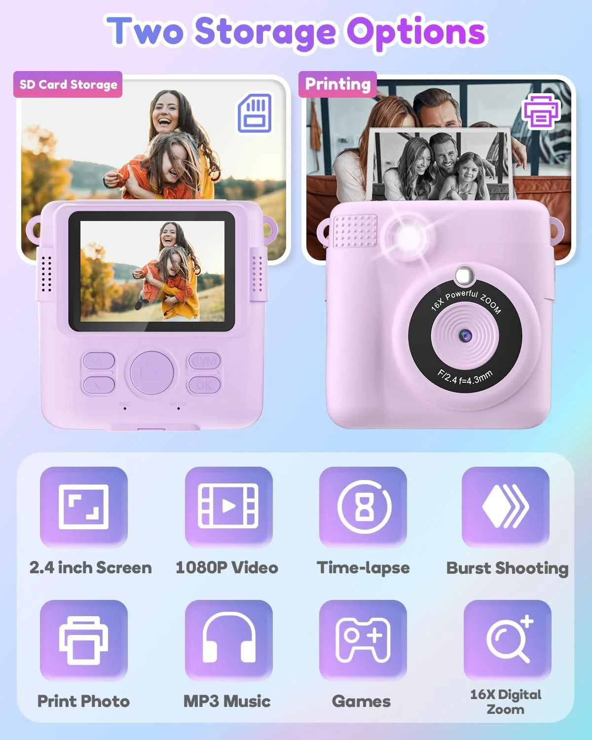 دوربین فوری چاپ کودکانه YORKOO برای دختران و پسران، دوربین اسباب بازی دیجیتال HD 1080P، هدیه تولد برای دختران 3 4 5 6 7 8 9 10 ساله، ضبط کننده ویدئو، کارت SD 32 گیگابایتی