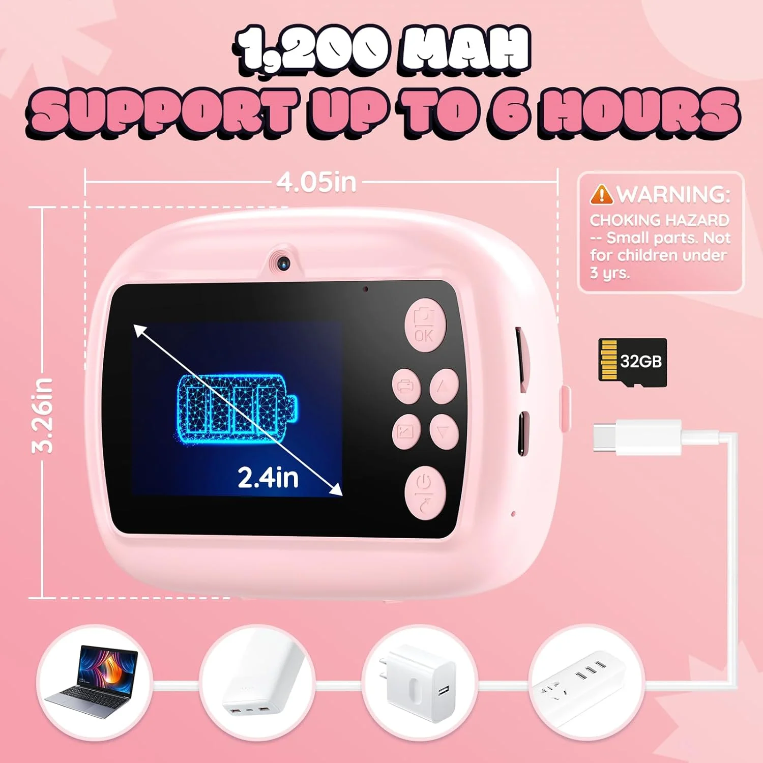 دوربین چاپ فوری کودکانه، دوربین دیجیتال برای کودکان، هدیه تولد کریسمس برای پسران و دختران 3-12 ساله با روکش سیلیکونی، دوربین سلفی بدون جوهر با کارت SD و 3 رول کاغذ (صورتی)