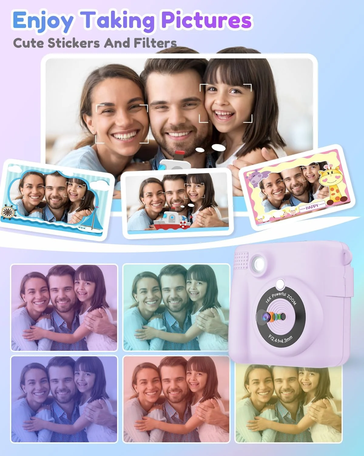 دوربین فوری چاپ کودکانه YORKOO برای دختران و پسران، دوربین اسباب بازی دیجیتال HD 1080P، هدیه تولد برای دختران 3 4 5 6 7 8 9 10 ساله، ضبط کننده ویدئو، کارت SD 32 گیگابایتی