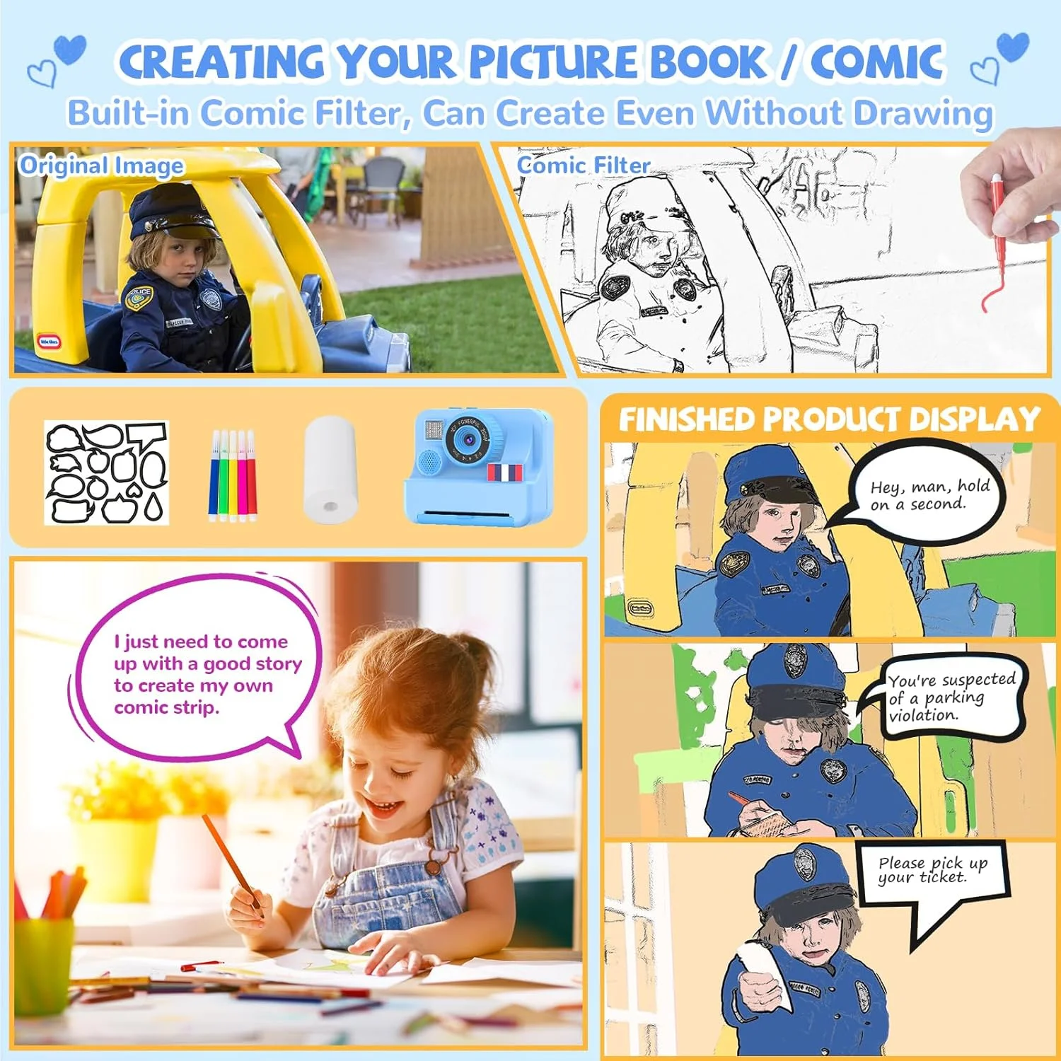 دوربین چاپ فوری کودکانه یوسفنگ - هدیه تولد و کریسمس برای دختران و پسران 3 تا 10 ساله، دوربین فوری کودکانه با صفحه نمایش 2.4 اینچی، دوربین دیجیتال فیلمبرداری دوگانه کودکانه با کارت حافظه 32 گیگابایتی