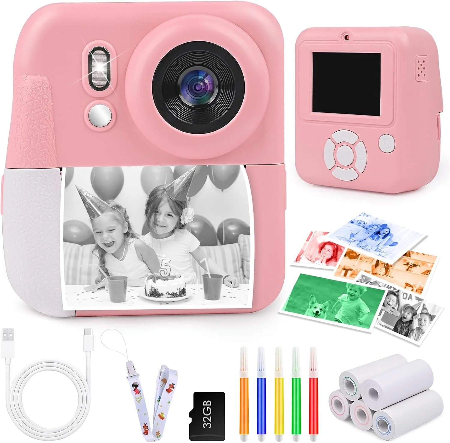 دوربین فوری کودکانه Ambesty، دوربین فوری 2.4 اینچی کودکان به همراه کارت 32 گیگابایتی و چاپ عکس، دوربین دیجیتال HD 1080P کودکان، هدیه برای پسران و دختران 3 تا 12 سال (دوربین صورتی)