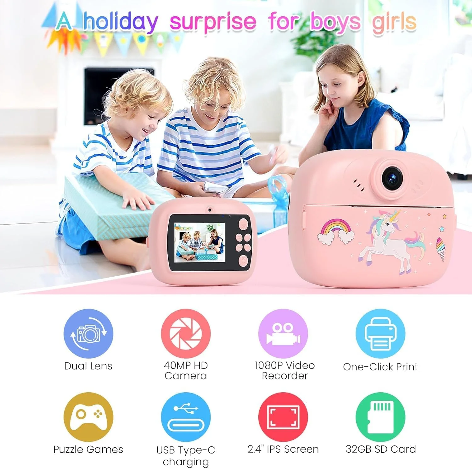 دوربین چاپ فوری کودکان AASHZ، عکس چاپ فوری 1080P HD با 3 رول کاغذ عکس، 5 قلم رنگی و نقاشی DIY، هدیه تولد برای پسران و دختران (صورتی)