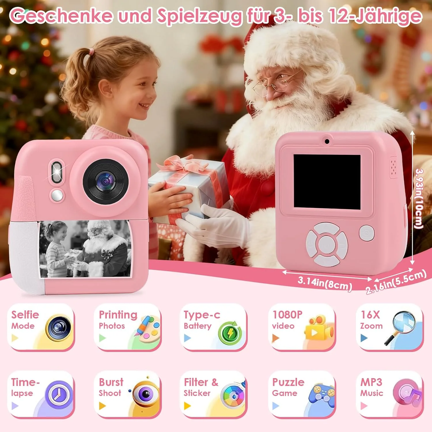 دوربین فوری کودکانه Ambesty، دوربین فوری 2.4 اینچی کودکان به همراه کارت 32 گیگابایتی و چاپ عکس، دوربین دیجیتال HD 1080P کودکان، هدیه برای پسران و دختران 3 تا 12 سال (دوربین صورتی)