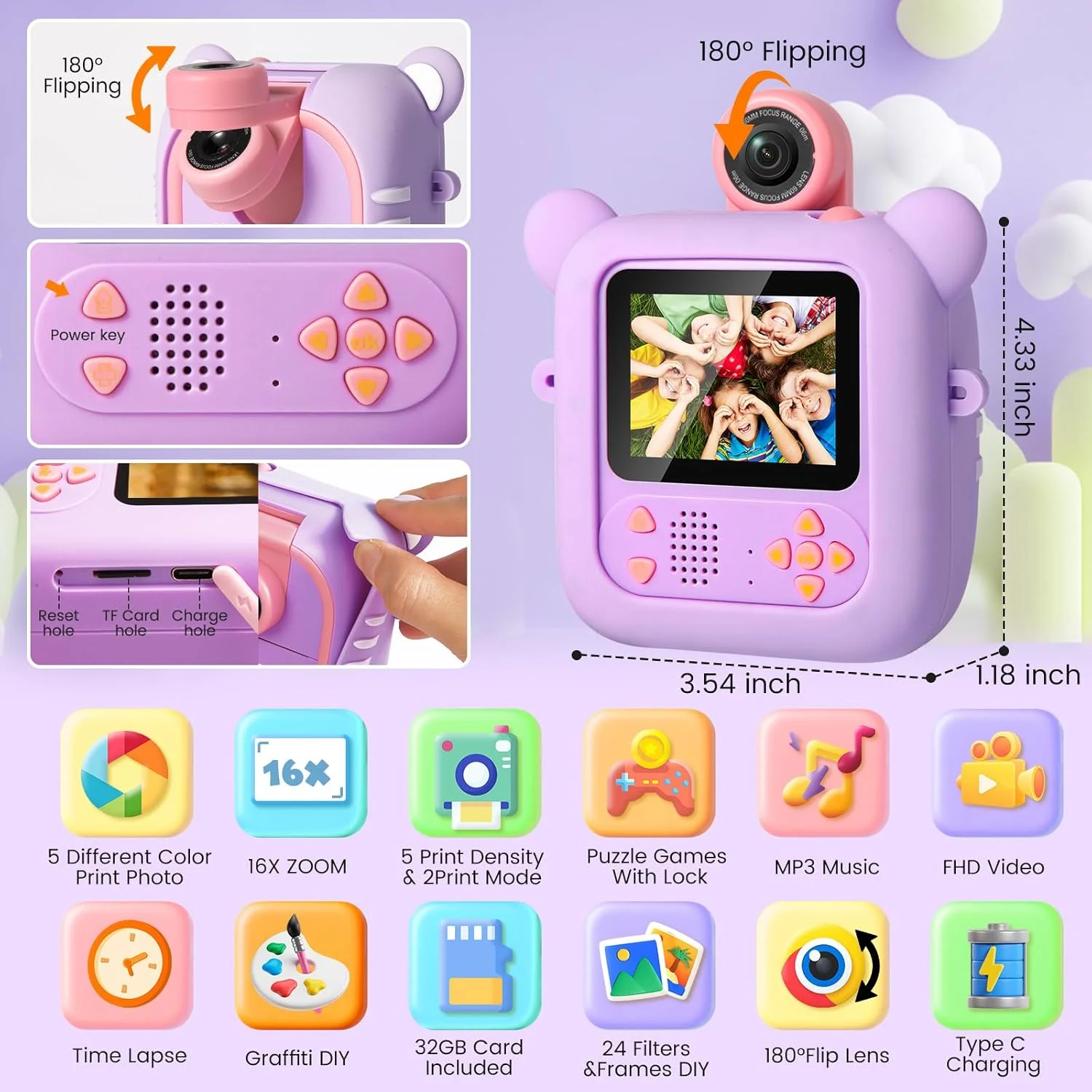 دوربین چاپ فوری کودکانه، 7 رول کاغذ چاپ (4 رنگ: قرمز/نارنجی/سبز/آبی + 3 سیاه و سفید)، دوربین فوری 2.4 اینچی برای کودکان 3-12 سال، 1080P، لنز چرخان 180 درجه، کارت 32 گیگابایتی - هدیه تولد کریسمس برای پسران و دختران، M2