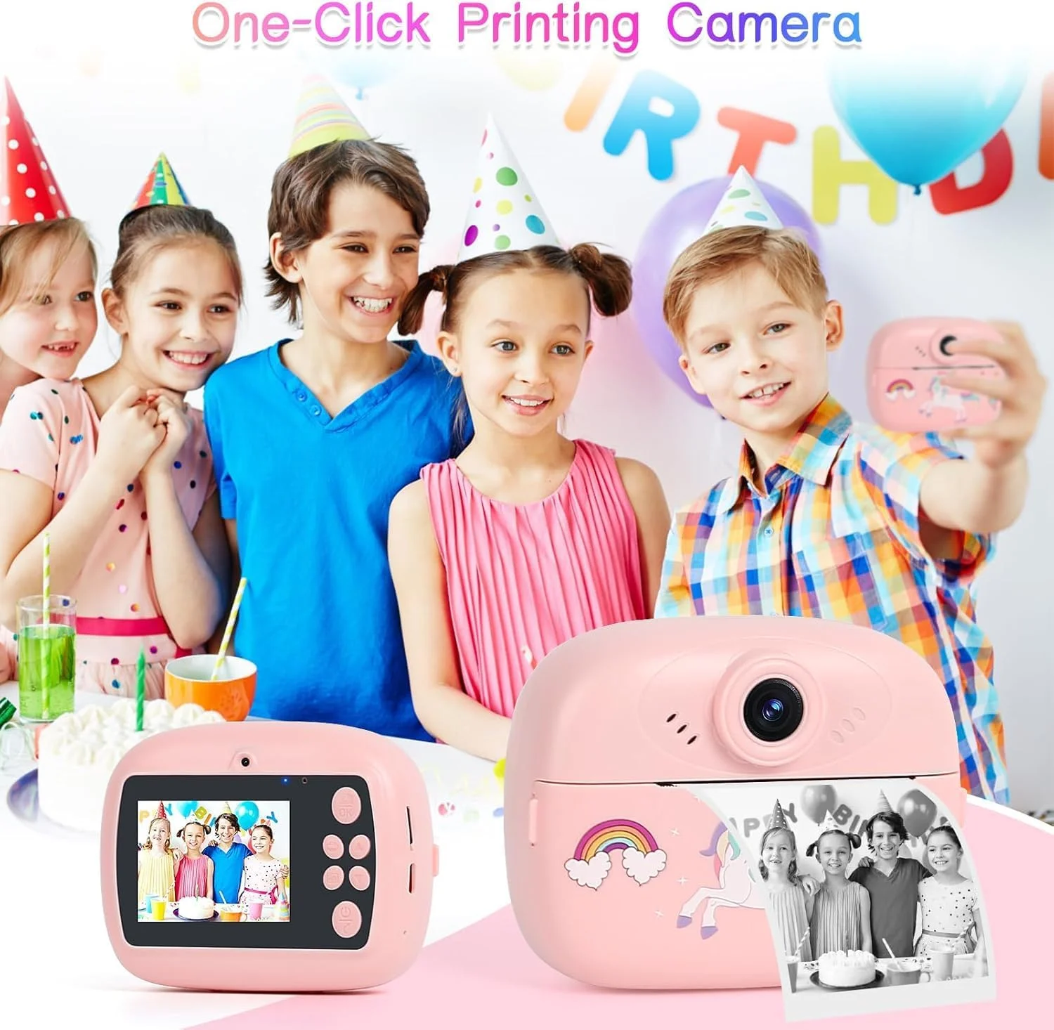 دوربین چاپ فوری کودکان AASHZ، عکس چاپ فوری 1080P HD با 3 رول کاغذ عکس، 5 قلم رنگی و نقاشی DIY، هدیه تولد برای پسران و دختران (صورتی)