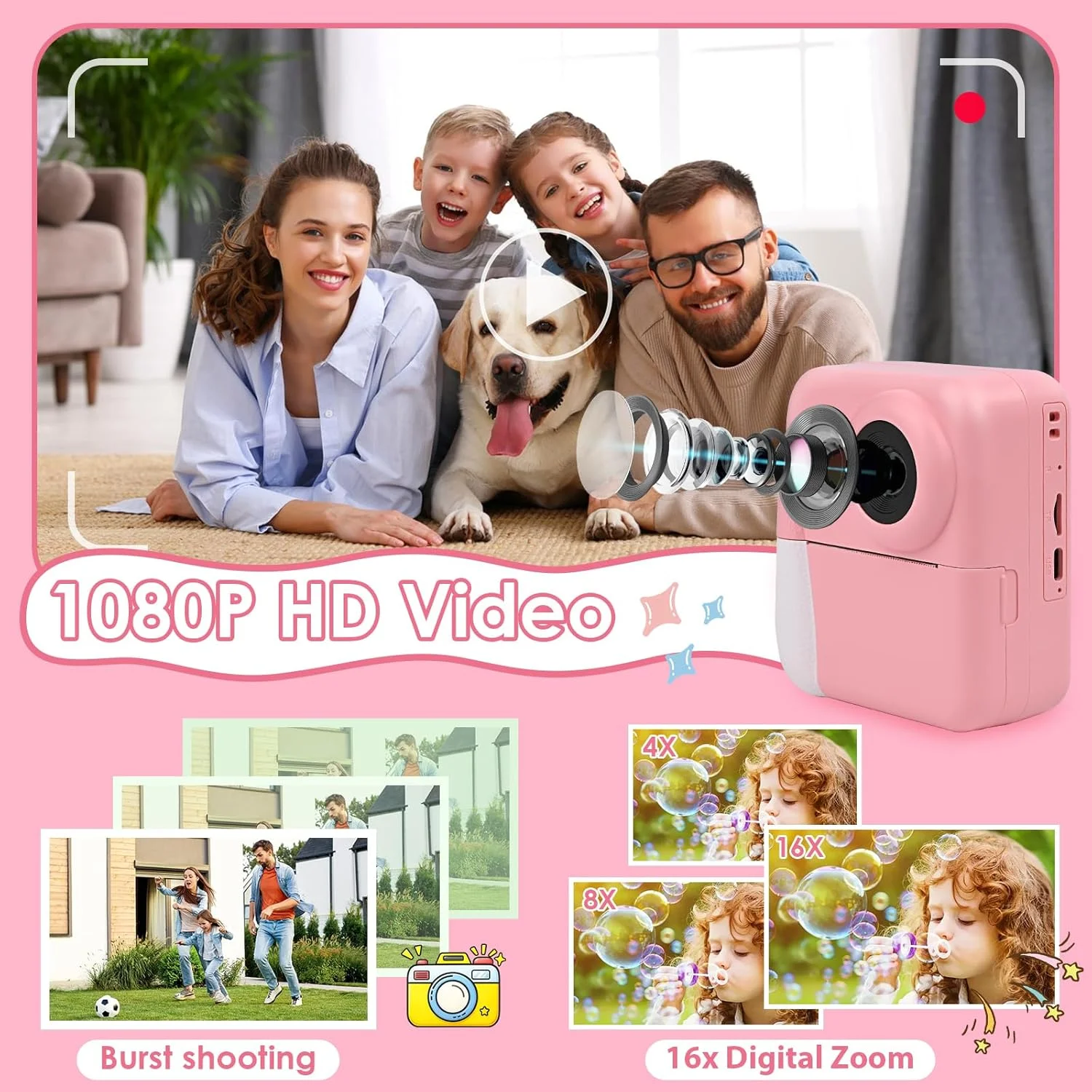 دوربین فوری کودکانه Ambesty، دوربین فوری 2.4 اینچی کودکان به همراه کارت 32 گیگابایتی و چاپ عکس، دوربین دیجیتال HD 1080P کودکان، هدیه برای پسران و دختران 3 تا 12 سال (دوربین صورتی)