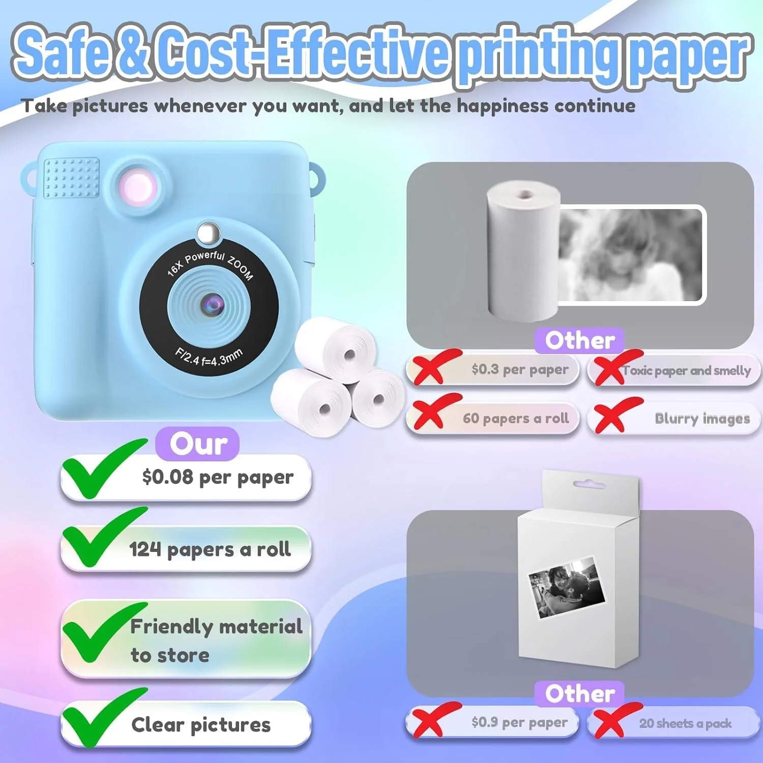 دوربین چاپ فوری برای کودکان، دوربین چاپ حرارتی کوچک، بدون نیاز به جوهر، دوربین های ویدیویی دیجیتال HD 1080P برای کودکان نوپا، کارت TF 32G، 3 کاغذ چاپ، هدیه برای پسران و دختران (آبی)