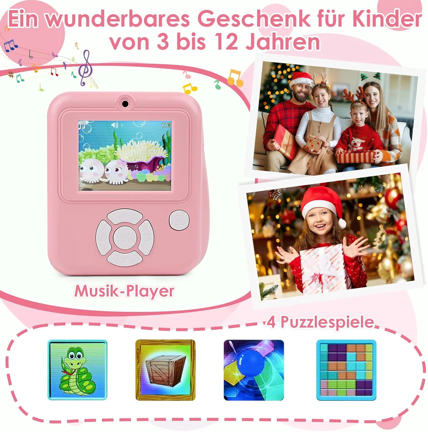 دوربین فوری کودکانه Ambesty، دوربین فوری 2.4 اینچی کودکان به همراه کارت 32 گیگابایتی و چاپ عکس، دوربین دیجیتال HD 1080P کودکان، هدیه برای پسران و دختران 3 تا 12 سال (دوربین صورتی)