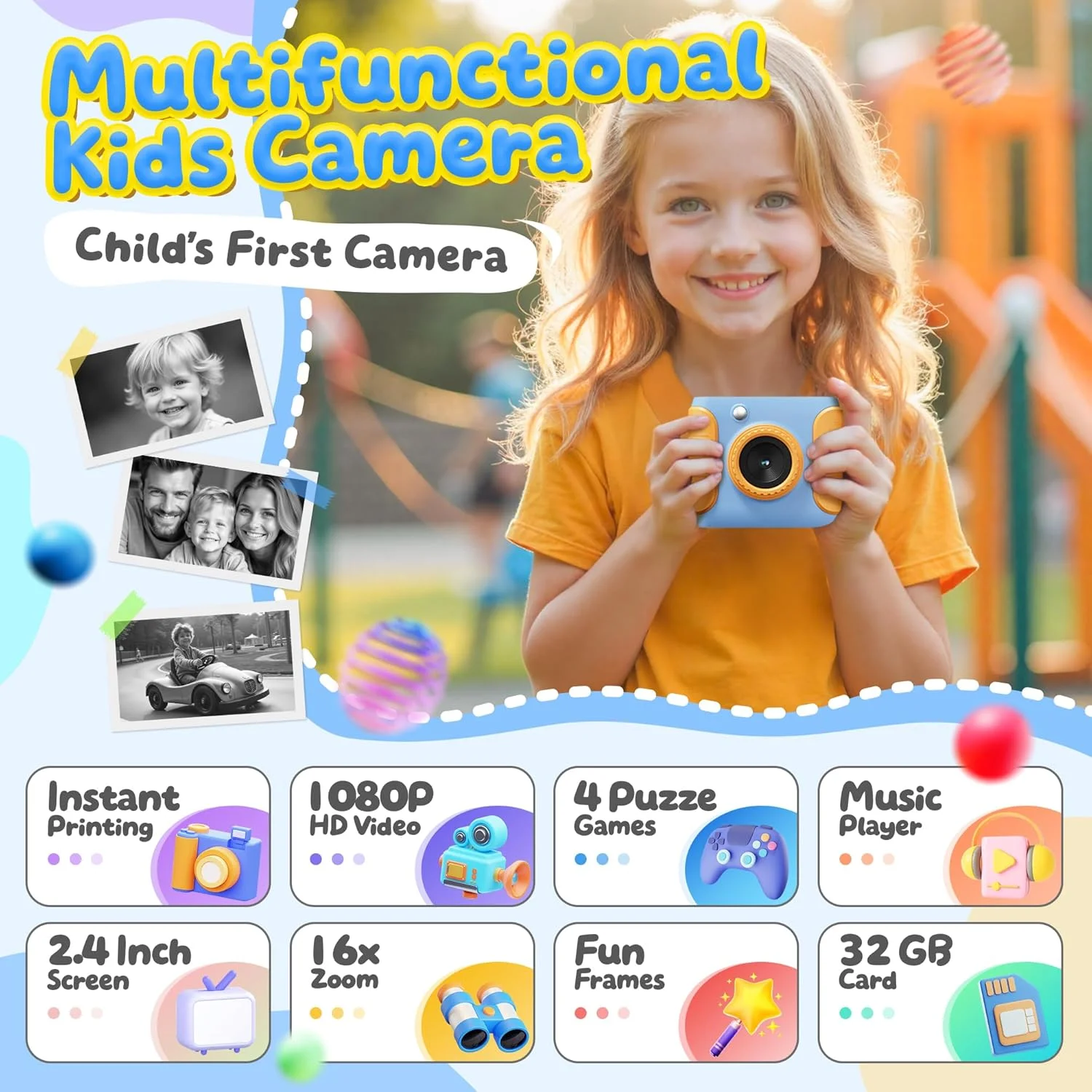 دوربین فوری کودکانه CalineGam با کیفیت 1080P HD به همراه کارت حافظه 32 گیگابایتی، دوربین دیجیتال 2.0 اینچی، هدیه اسباب بازی برای پسران و دختران 3 تا 12 سال (آبی)