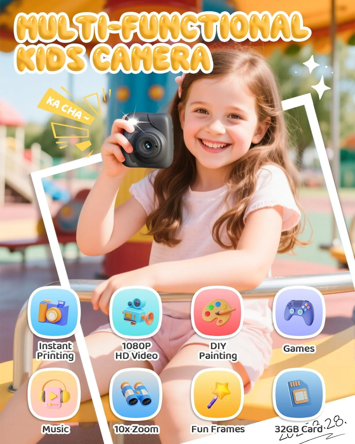 دوربین فوری CAMCLID برای کودکان، دوربین دیجیتال HD 1080P برای کودکان به همراه کارت 32 گیگابایتی و 3 رول کاغذ چاپ، هدیه برای پسران و دختران 3 تا 12 ساله