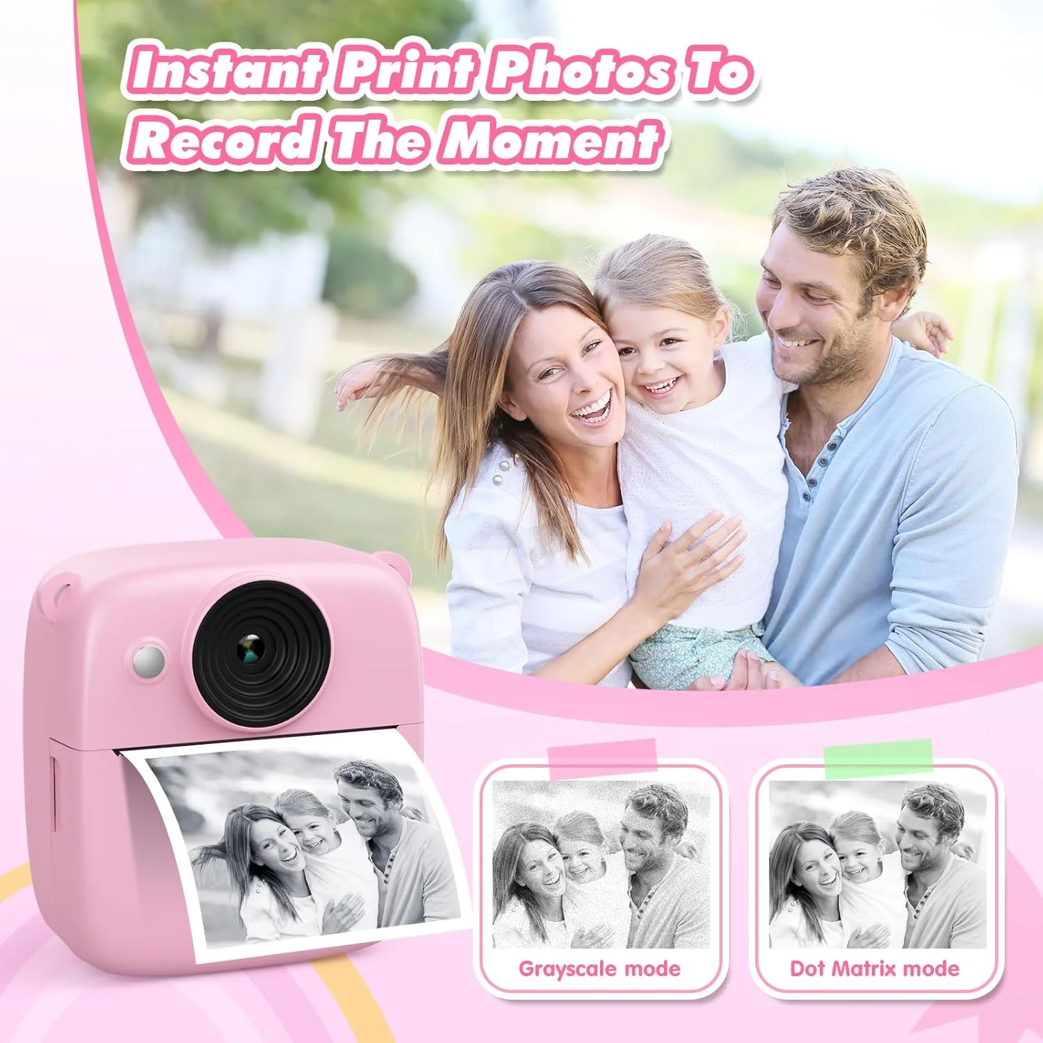 دوربین فوری کودکانه CalineGam، دوربین فوری 48 مگاپیکسلی کودکانه به همراه کارت 32 گیگابایتی و کاغذ چاپ، دوربین دیجیتال 1080P کودکانه، هدیه برای پسران و دختران 3-12 سال (صورتی)