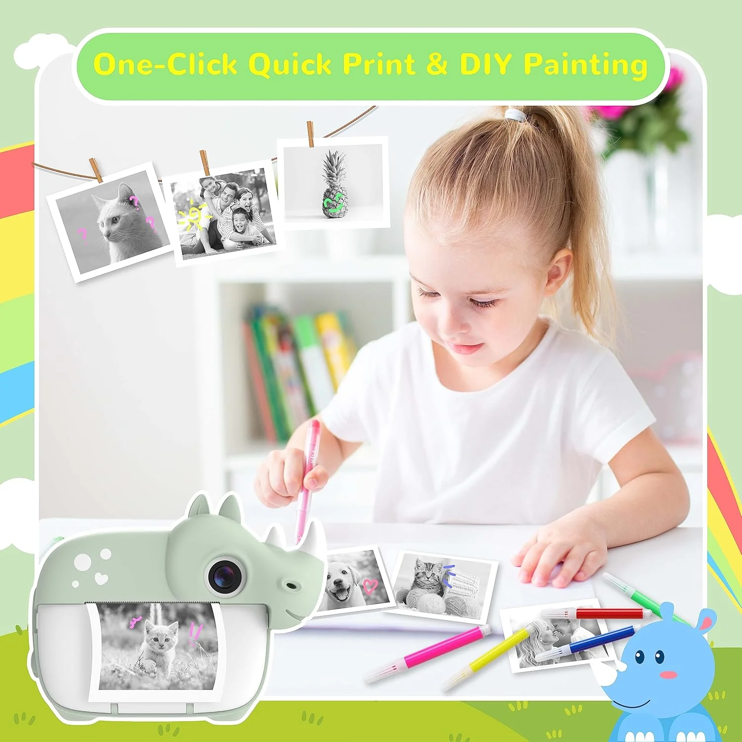 دوربین کودکانه CAMCLID، دوربین فوری برای کودکان، 1080P با 3 رول کاغذ چاپ و کارت 32 گیگابایتی، لنز دوگانه، زوم 16 برابر، ویدیوی HD، بازی ها، جلوه های خلاقانه (سبز)