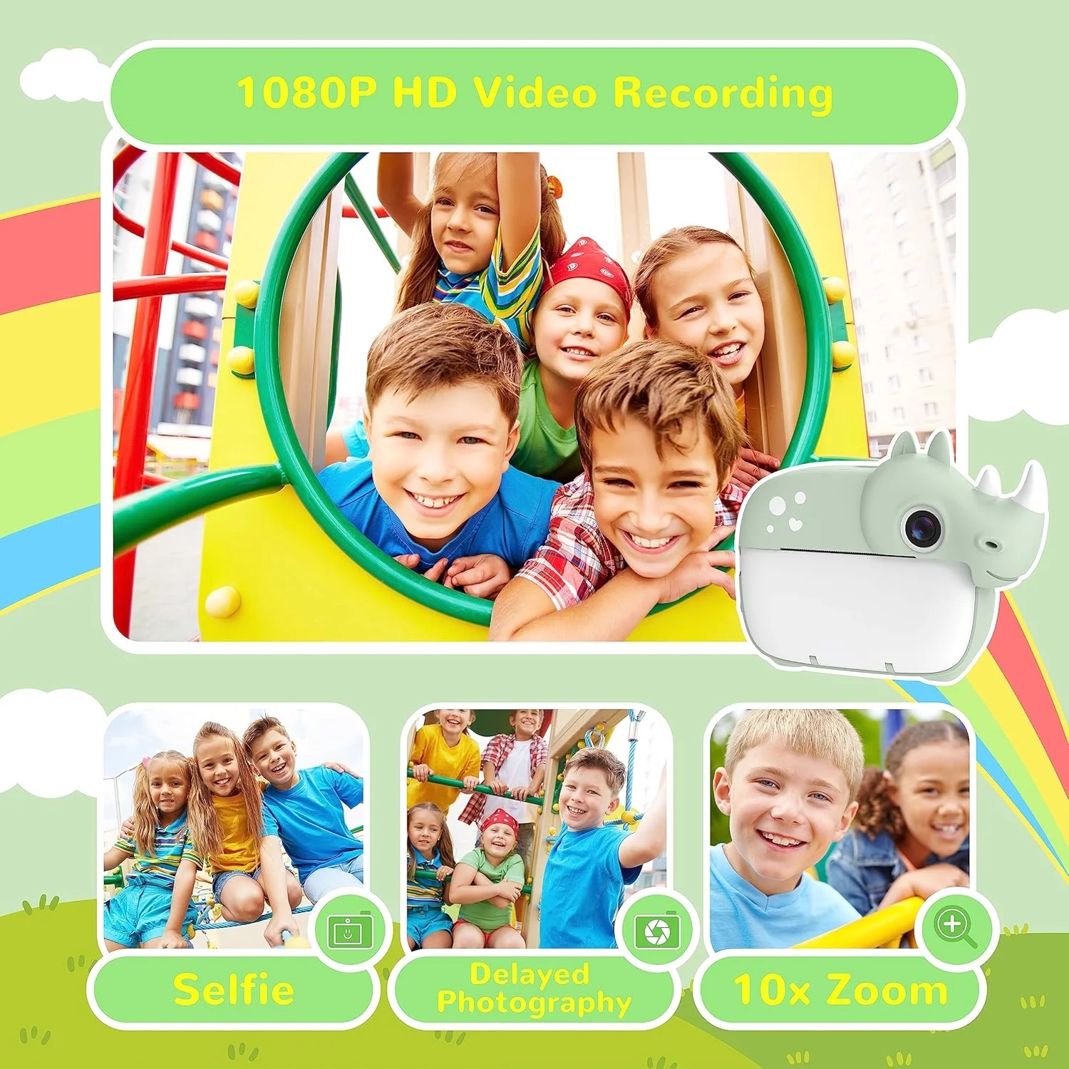دوربین کودکانه CAMCLID، دوربین فوری برای کودکان، 1080P با 3 رول کاغذ چاپ و کارت 32 گیگابایتی، لنز دوگانه، زوم 16 برابر، ویدیوی HD، بازی ها، جلوه های خلاقانه (سبز)