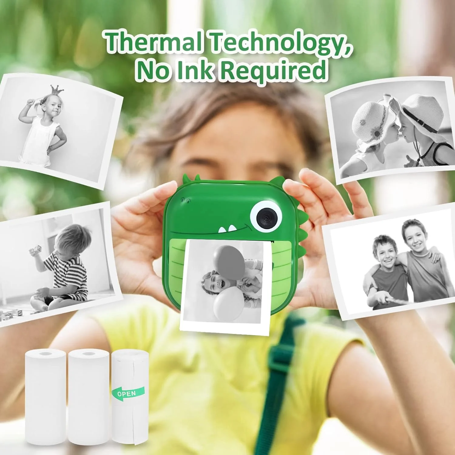 دوربین فوری کودکانه AURTEC، دوربین چاپ حرارتی کوچک، بدون نیاز به جوهر، دوربین دوگانه 48 مگاپیکسلی، فیلمبرداری 1080P HD، کارت TF 32 گیگابایتی، 3 رول کاغذ چاپ، صفحه نمایش رنگی 2.4 اینچی، طراحی کارتونی حیوانات بامزه، طرح دایناسور