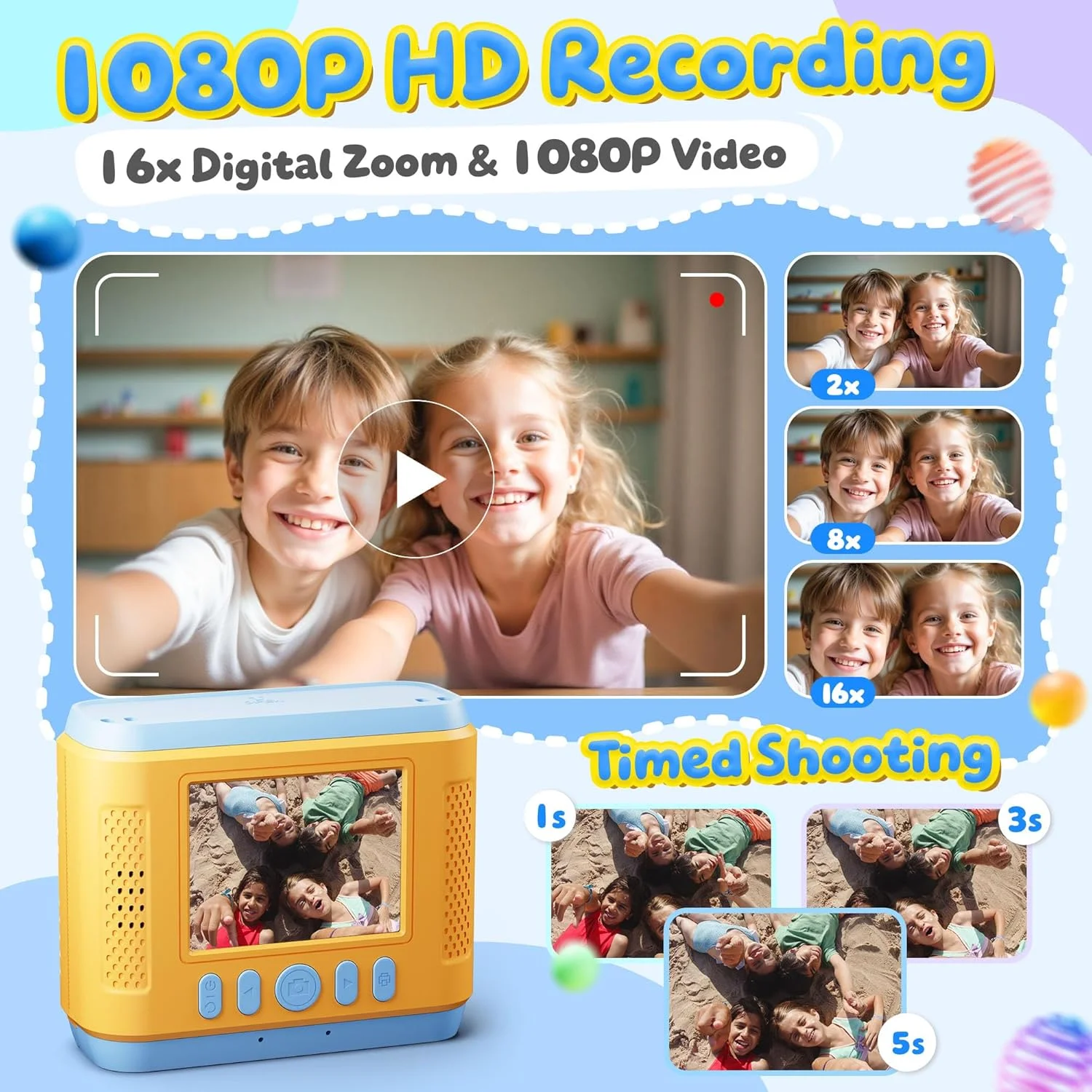 دوربین فوری کودکانه CalineGam با کیفیت 1080P HD به همراه کارت حافظه 32 گیگابایتی، دوربین دیجیتال 2.0 اینچی، هدیه اسباب بازی برای پسران و دختران 3 تا 12 سال (آبی)