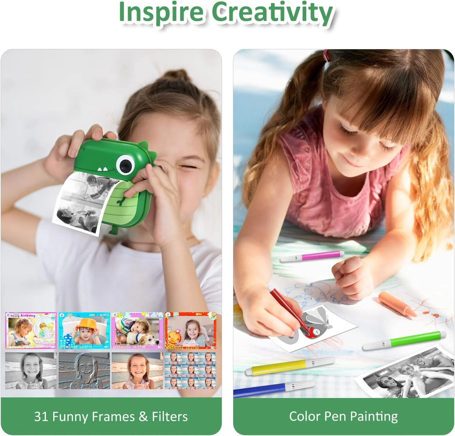 دوربین فوری کودکانه AURTEC، دوربین چاپ حرارتی کوچک، بدون نیاز به جوهر، دوربین دوگانه 48 مگاپیکسلی، فیلمبرداری 1080P HD، کارت TF 32 گیگابایتی، 3 رول کاغذ چاپ، صفحه نمایش رنگی 2.4 اینچی، طراحی کارتونی حیوانات بامزه، طرح دایناسور