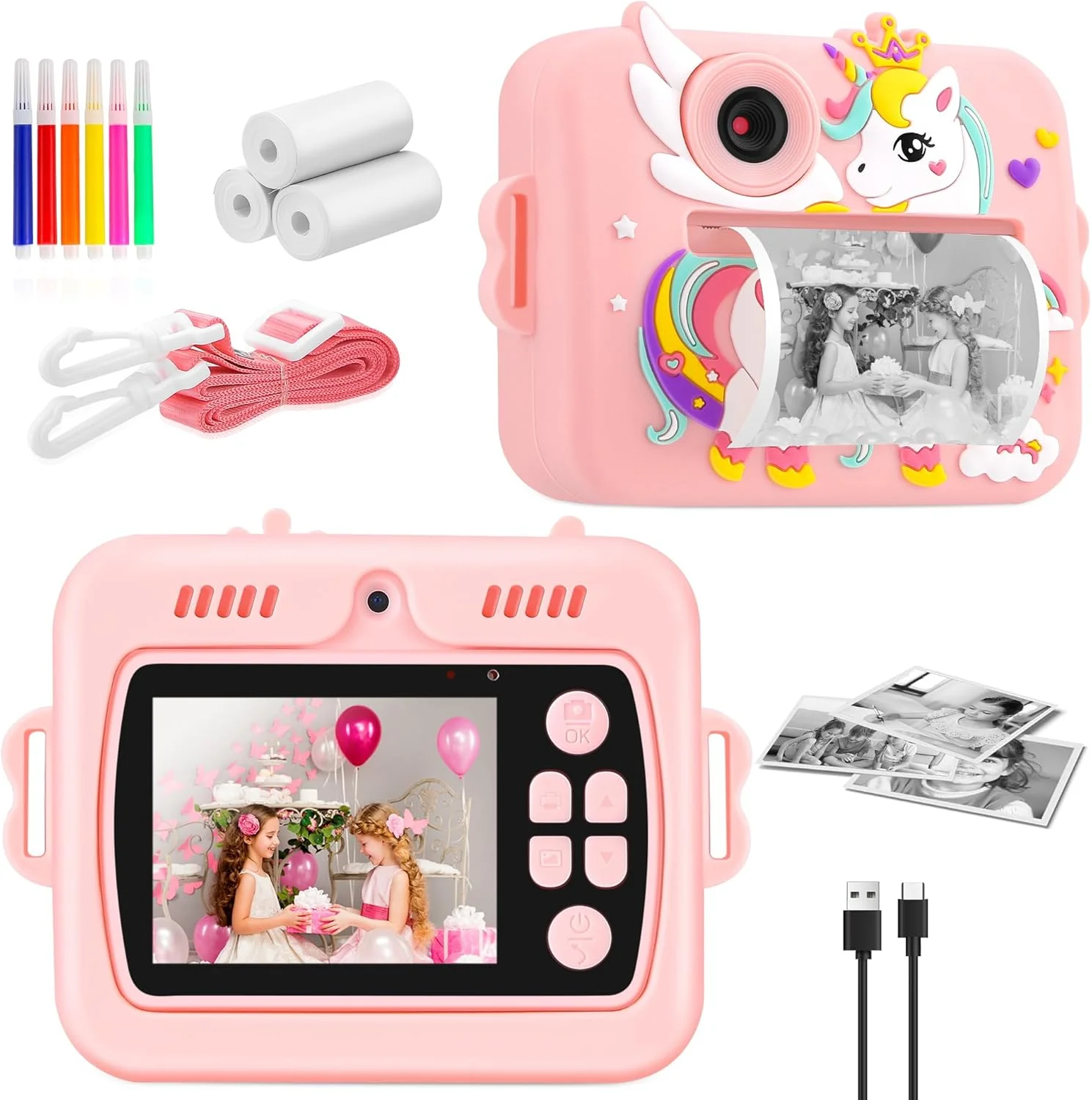 دوربین کودکانه، دوربین چاپ فوری برای پسران/دختران کودک، دوربین دیجیتال 1080P Pro HD برای کودکان به همراه کاغذ چاپ و کارت TF 32 گیگابایتی، اسباب بازی های سرگرم کننده کودکان برای تولد