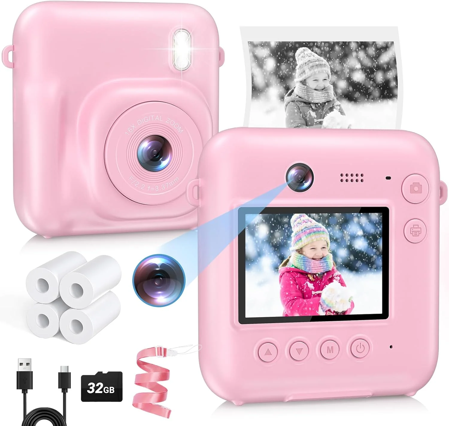 دوربین چاپ فوری کودکانه، دو لنز 48 مگاپیکسل، دوربین سلفی و فیلمبرداری HD 1080P به همراه کارت 32 گیگابایتی و 4 کاغذ چاپ، مناسب هدیه تولد برای پسران و دختران 3 تا 12 سال (صورتی)