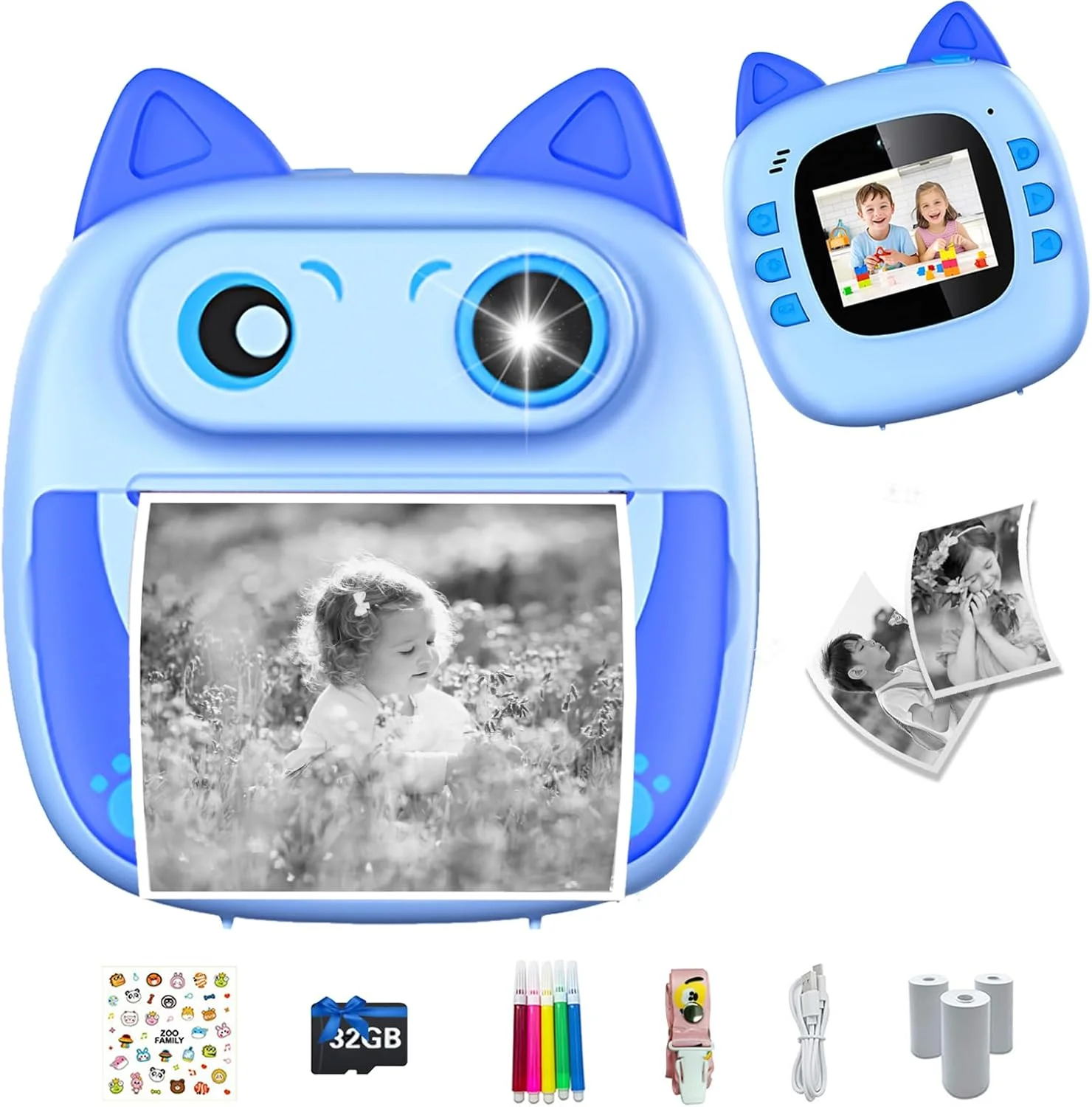 دوربین چاپ فوری کودکانه به همراه کارت حافظه 32 گیگابایتی، 3 رول کاغذ چاپ، کیف، استیکر و قلم های رنگی، هدیه تولد برای دختران و پسران 4 تا 12 ساله - آبی