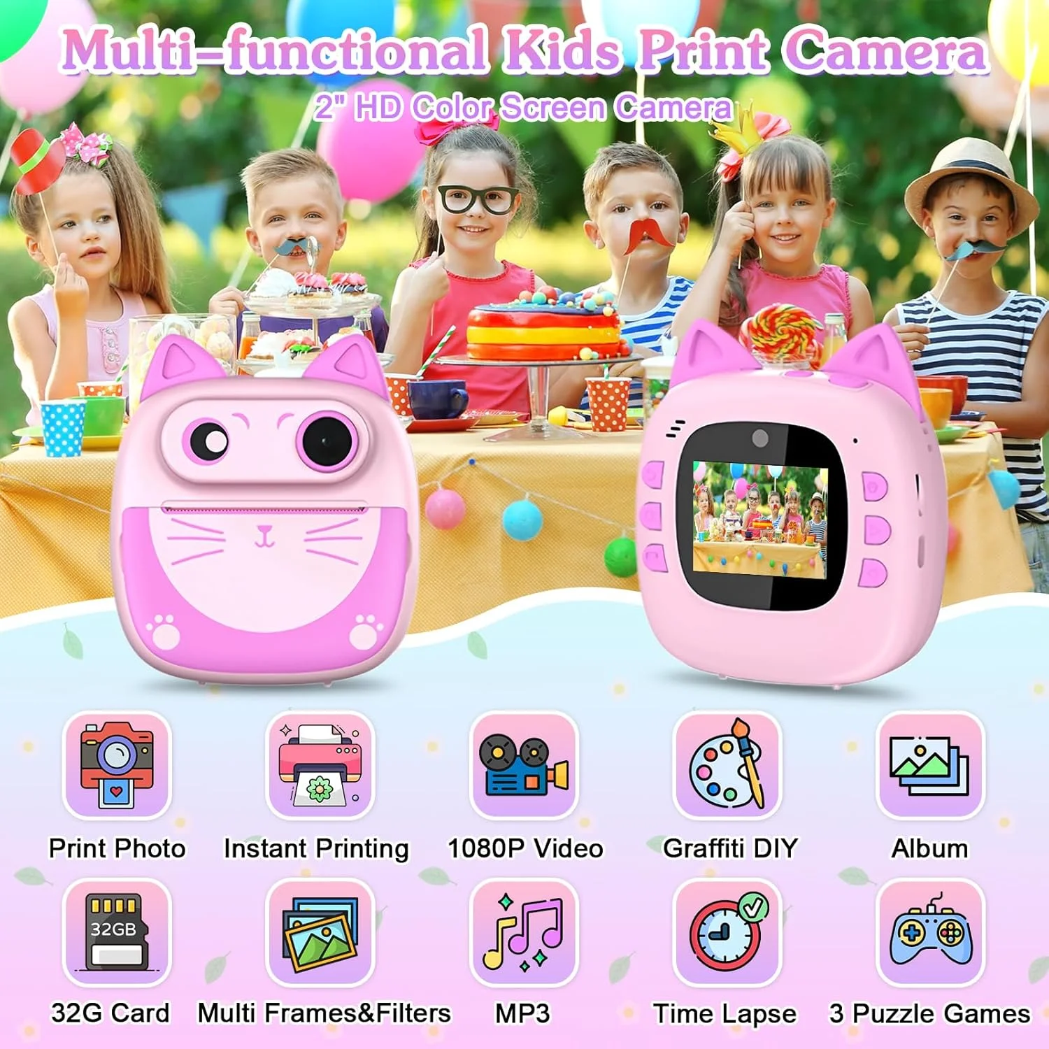 دوربین چاپ فوری کودکانه با کارت حافظه 32 گیگابایتی، 3 رول کاغذ چاپ، کیف، استیکر و قلم های رنگی، هدیه تولد برای دختران و پسران 4 تا 12 ساله - آبی