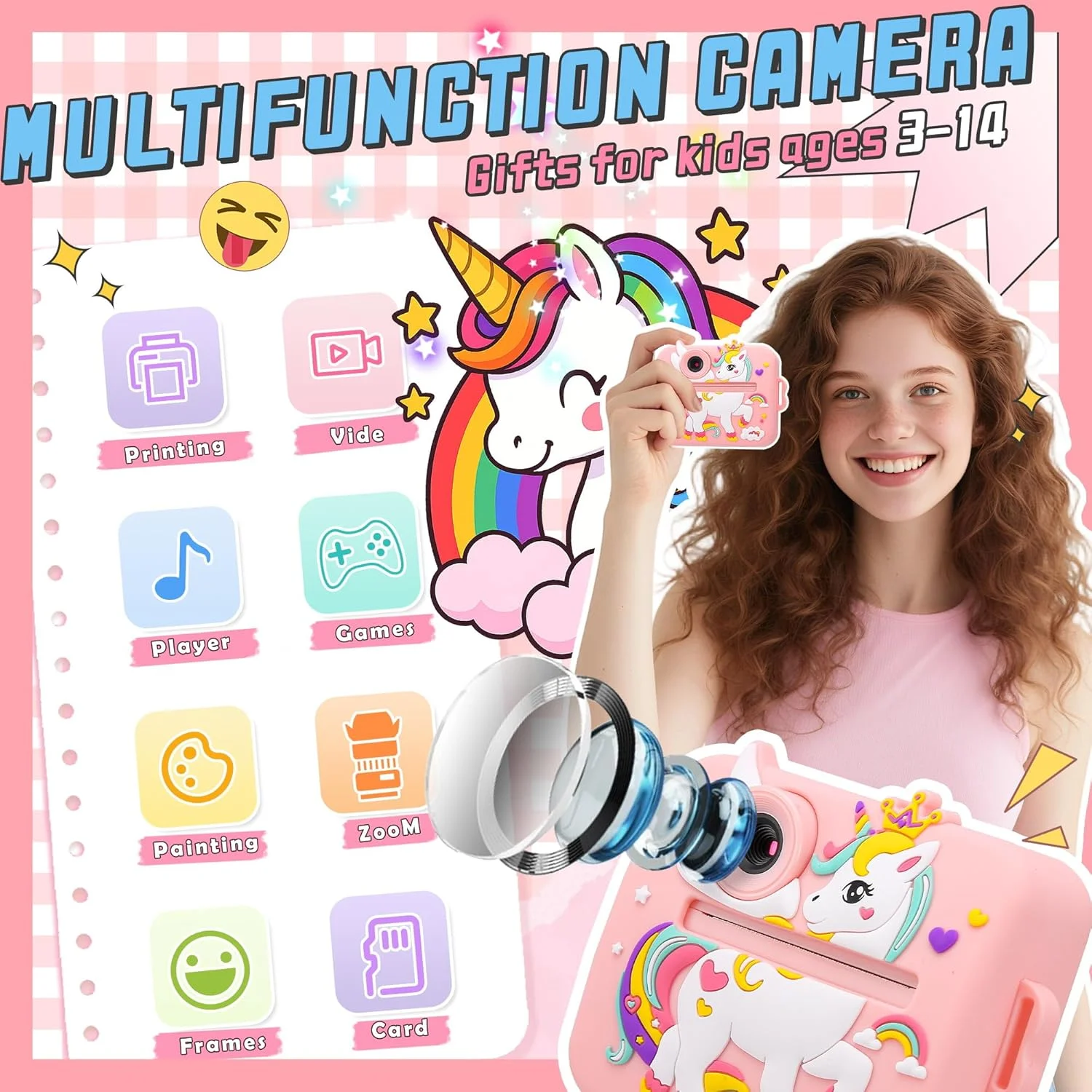 دوربین کودکانه، دوربین چاپ فوری برای پسران/دختران کودک، دوربین دیجیتال 1080P Pro HD برای کودکان به همراه کاغذ چاپ و کارت TF 32 گیگابایتی، اسباب بازی های سرگرم کننده کودکان برای تولد