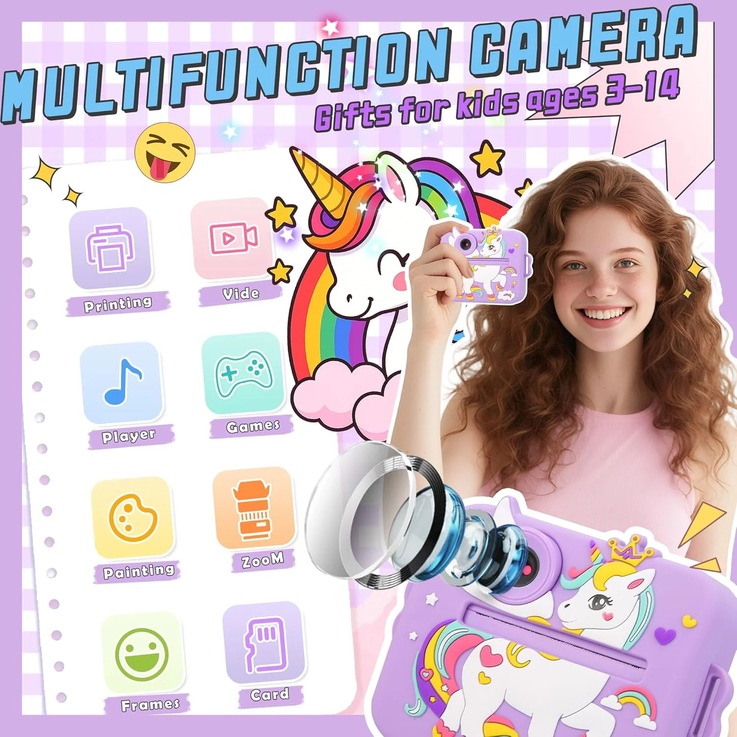 دوربین بچگانه، دوربین چاپ فوری برای کودکان پسر/دختر، دوربین دیجیتال 1080P Pro HD برای کودکان به همراه کاغذ چاپ و کارت TF 32 گیگابایتی، اسباب بازی های سرگرم کننده برای تولد کودکان