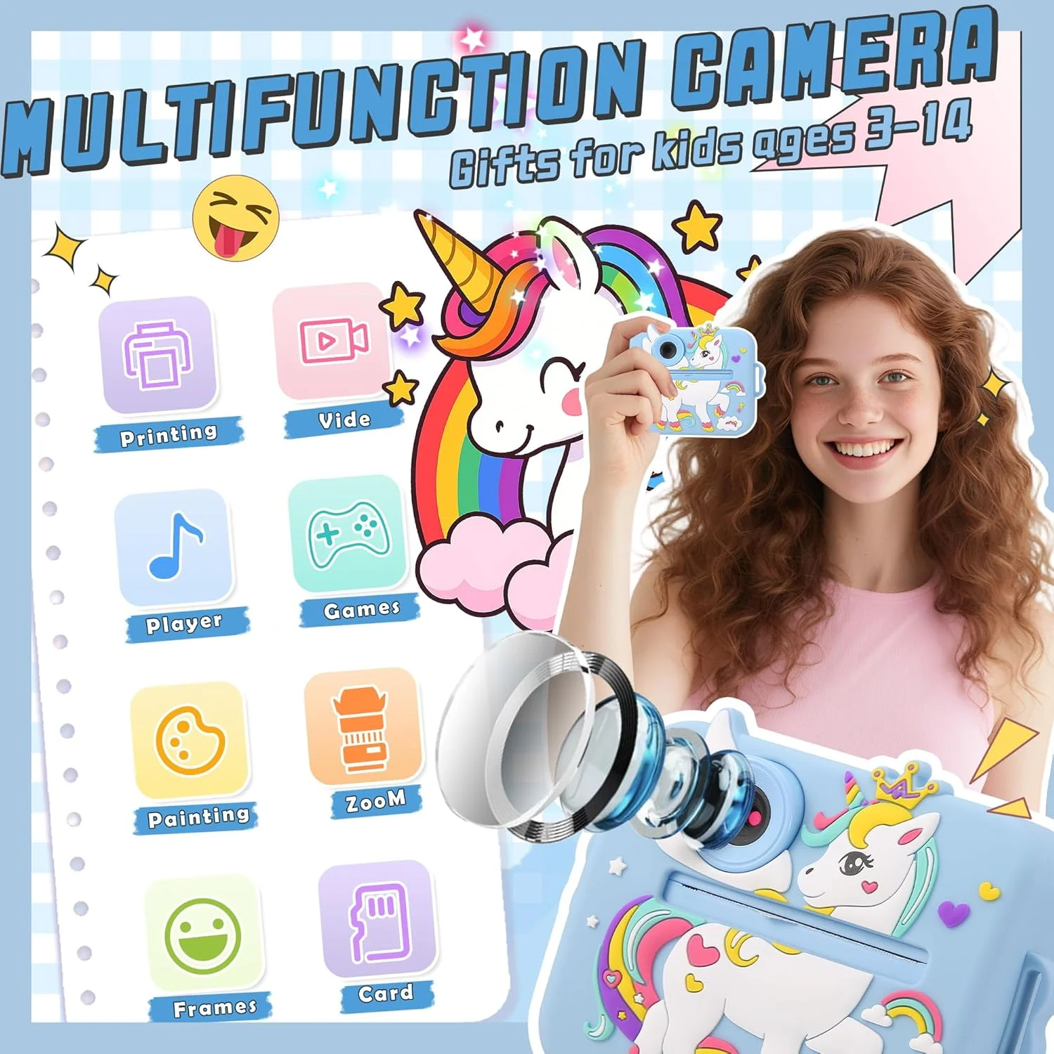 دوربین کودکانه، دوربین چاپ فوری برای پسران/دختران کودک، دوربین دیجیتال 1080P Pro HD برای کودکان به همراه کاغذ چاپ و کارت TF 32 گیگابایتی، اسباب بازی های سرگرم کننده کودکان برای تولد