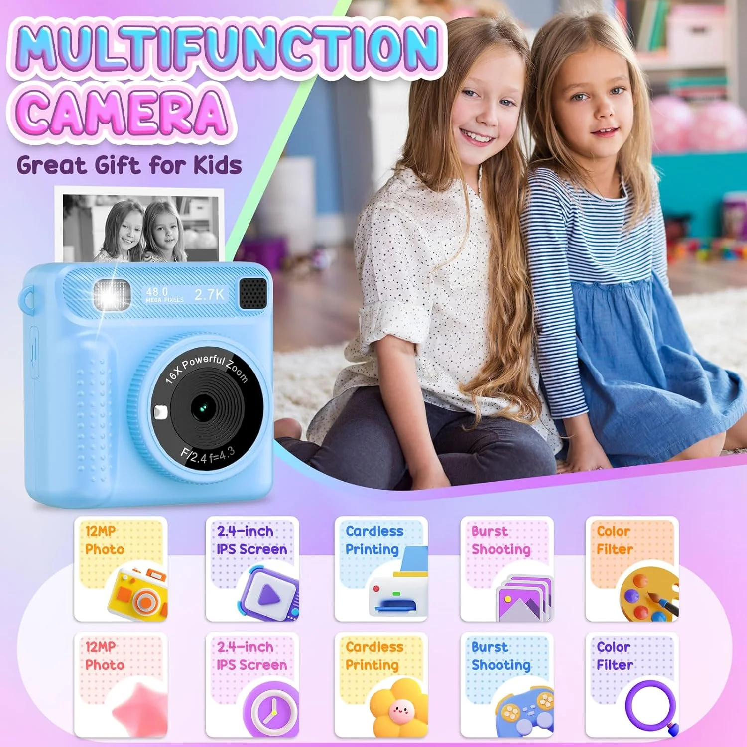دوربین چاپ فوری کودکانه، دوربین قابل حمل با کارت 32 گیگابایتی و فیلمبرداری 1080p، کاغذ چاپ، دوربین چاپ فوری با قلم های رنگی برای کارهای هنری، مناسب برای کودکان بالای 3 سال (آبی) دوربین چاپ فوری کودکانه، دوربین قابل حمل با کارت 32 گیگابایتی و فیلمبرداری 1080p، کاغذ چاپ، دوربین چاپ فوری با قلم های رنگی برای کارهای هنری، مناسب برای کودکان بالای 3 سال (آبی)
