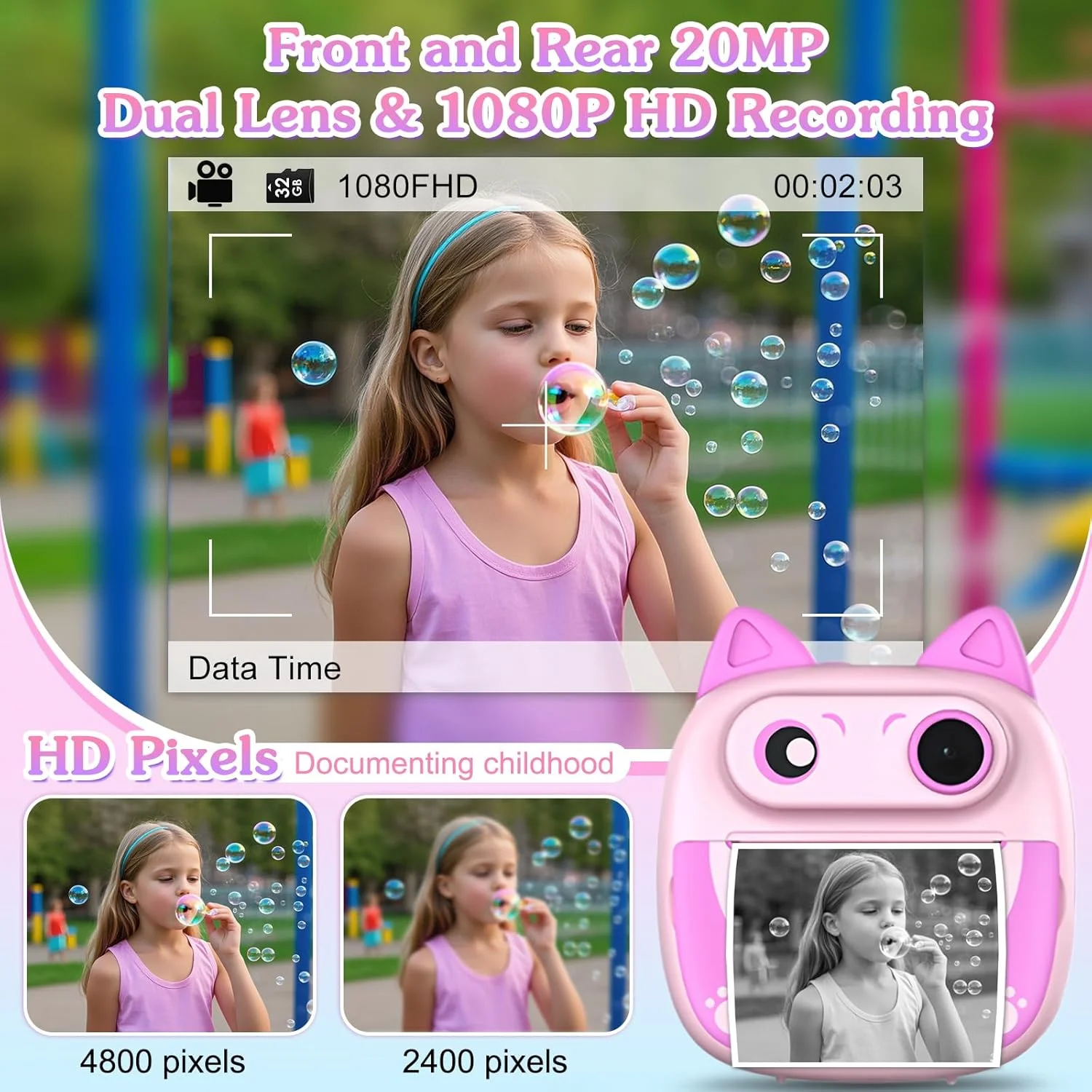 دوربین چاپ فوری کودکانه با کارت حافظه 32 گیگابایتی، 3 رول کاغذ چاپ، کیف، استیکر و قلم های رنگی، هدیه تولد برای دختران و پسران 4 تا 12 ساله - آبی