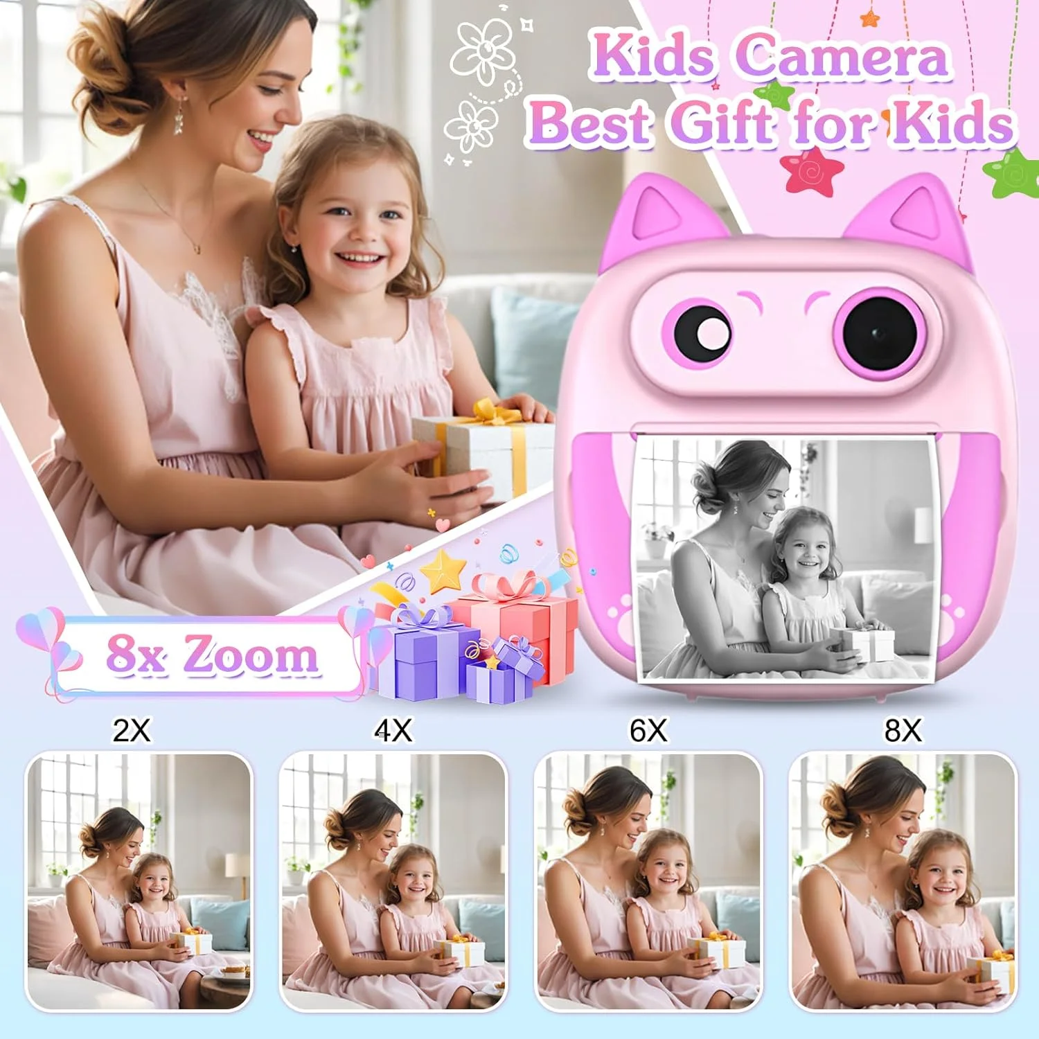 دوربین چاپ فوری کودکانه با کارت حافظه 32 گیگابایتی، 3 رول کاغذ چاپ، کیف، استیکر و قلم های رنگی، هدیه تولد برای دختران و پسران 4 تا 12 ساله - آبی