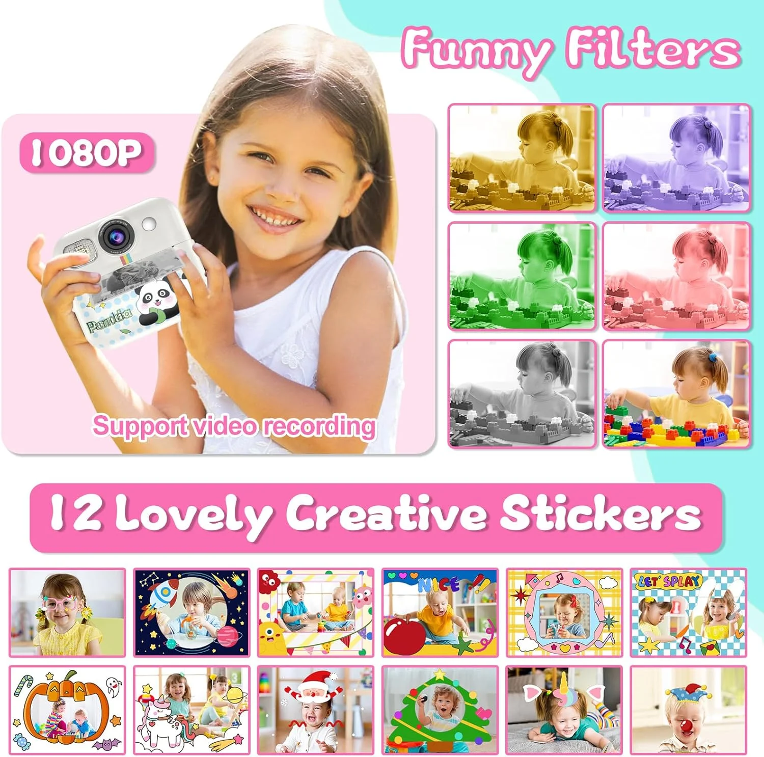 دوربین چاپ فوری کودکانه، فیلمبرداری HD 1080p و دوربین کودکانه برای دختران و پسران، دوربین فوری برای کودکان به همراه کارت حافظه 32 گیگابایتی و کاغذ چاپ، بهترین هدیه برای دختران و پسران 3 4 5 6 7 8 9+ ساله