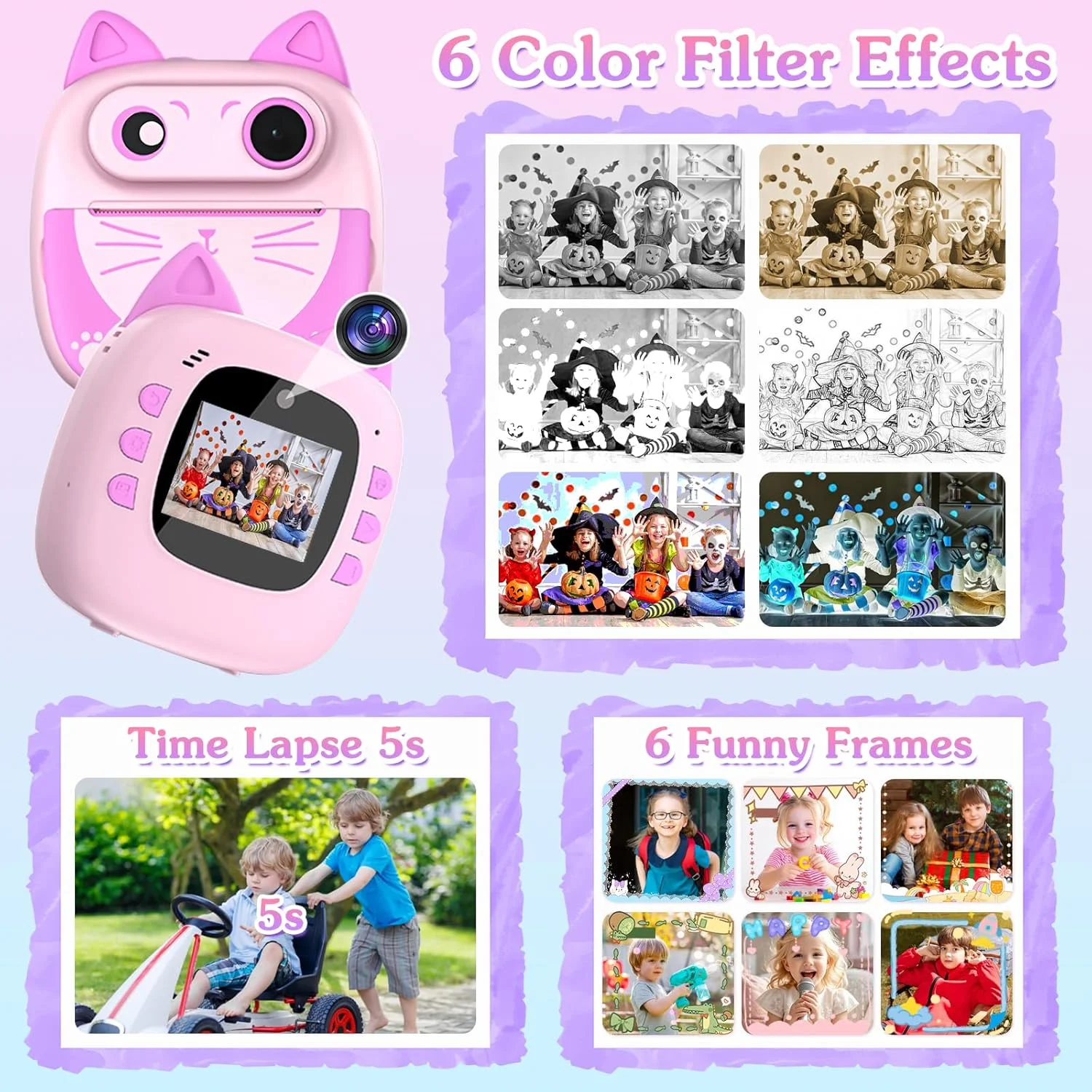 دوربین چاپ فوری کودکانه با کارت حافظه 32 گیگابایتی، 3 رول کاغذ چاپ، کیف، استیکر و قلم های رنگی، هدیه تولد برای دختران و پسران 4 تا 12 ساله - آبی