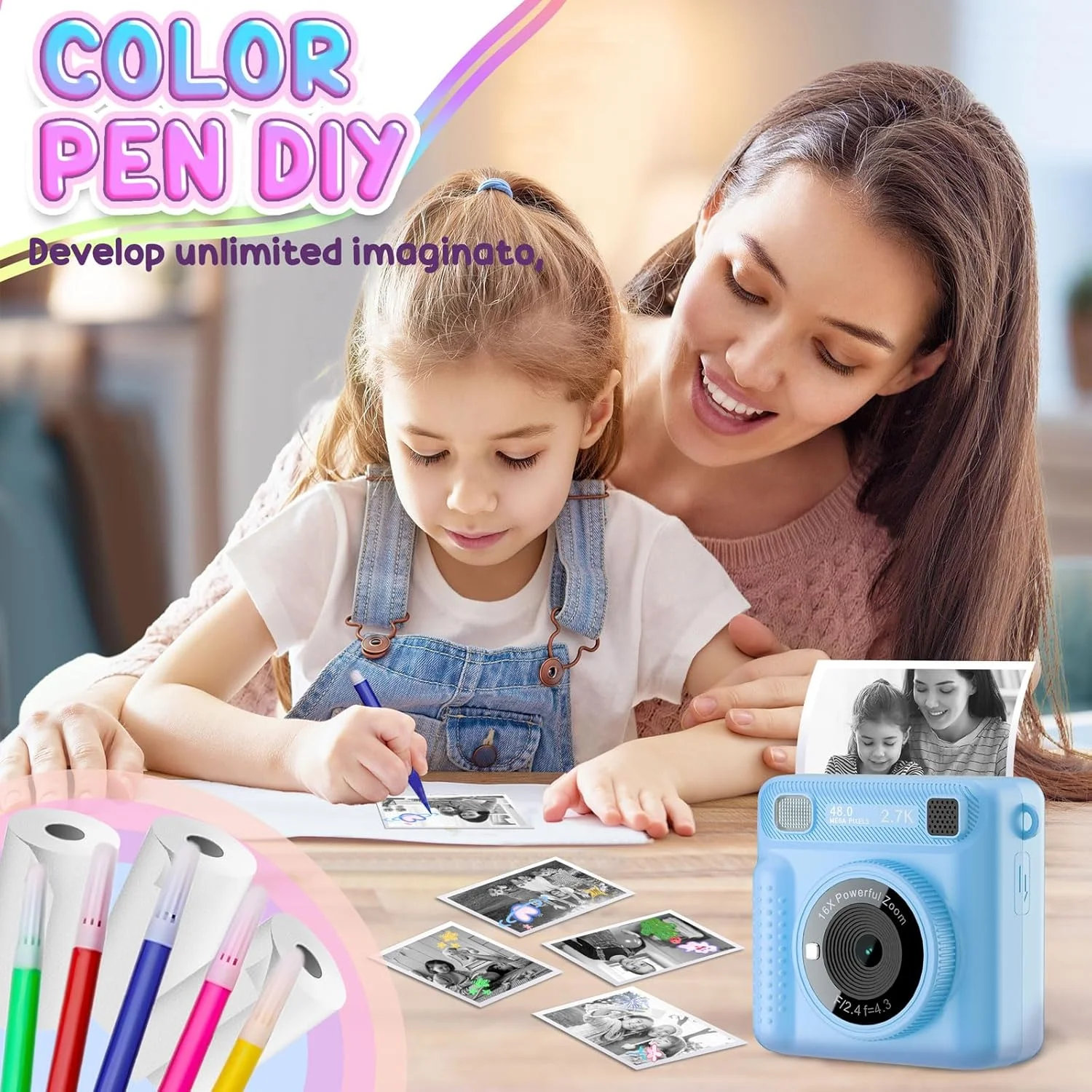 دوربین چاپ فوری کودکانه، دوربین قابل حمل با کارت 32 گیگابایتی و فیلمبرداری 1080p، کاغذ چاپ، دوربین چاپ فوری با قلم های رنگی برای کارهای هنری، مناسب برای کودکان بالای 3 سال (آبی) دوربین چاپ فوری کودکانه، دوربین قابل حمل با کارت 32 گیگابایتی و فیلمبرداری 1080p، کاغذ چاپ، دوربین چاپ فوری با قلم های رنگی برای کارهای هنری، مناسب برای کودکان بالای 3 سال (آبی)