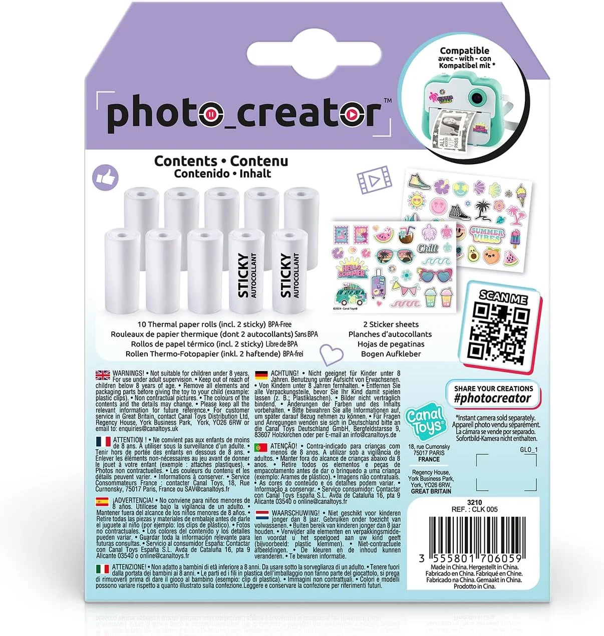 بسته 10 عددی کاغذ چاپ عکس فوری Canal Toys Studio Creator، مناسب برای Photo Creator، بیش از 700 پرینت، خشک شدن فوری، امکان شخصی سازی با استیکرهای جذاب، سفید (CLK 005)