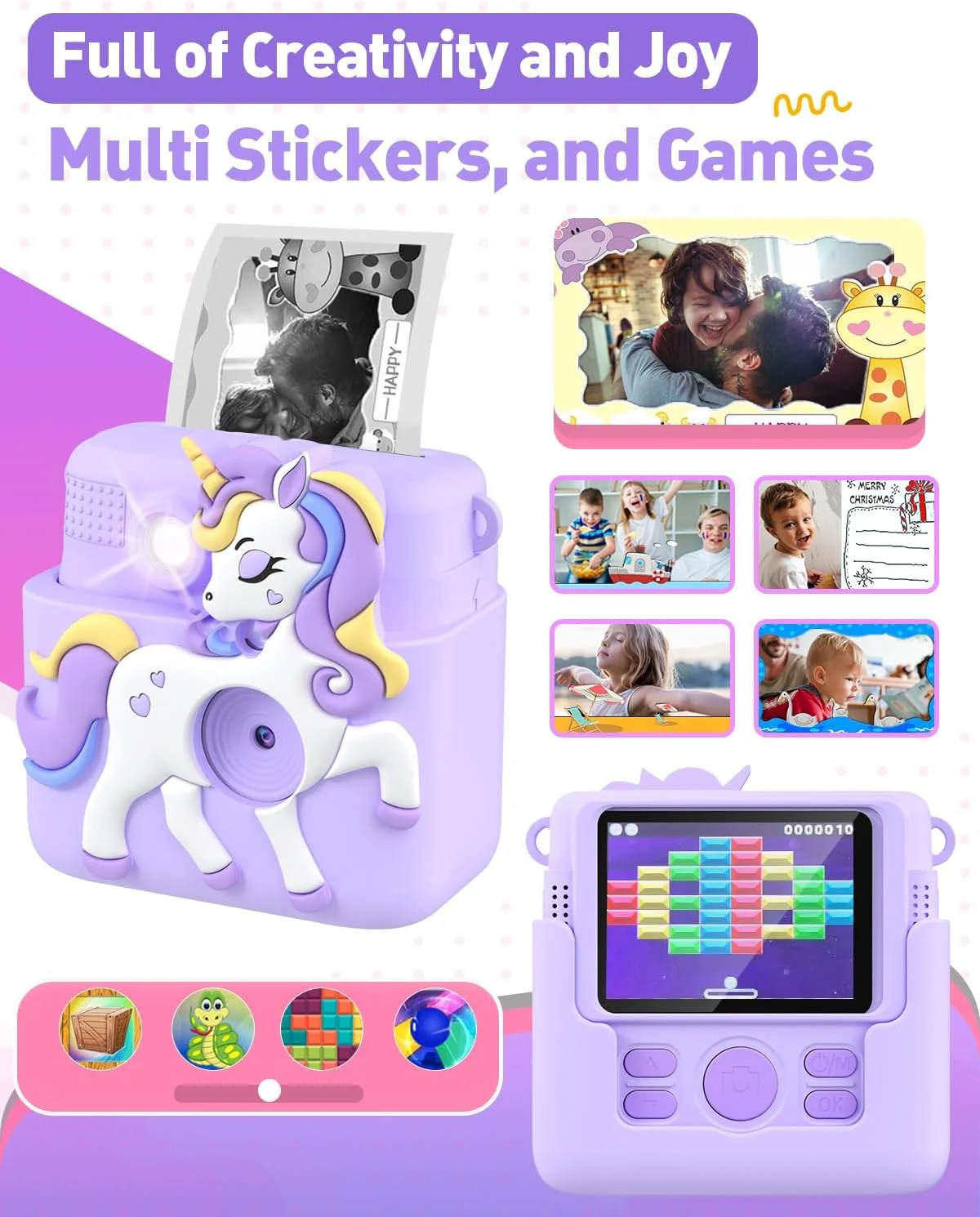 دوربین چاپ فوری کودکان Careenoah، هدیه برای دختران 4 تا 12 سال، دوربین فوری کودکانه با روکش سیلیکونی، دوربین دیجیتال 1080P اسباب بازی برای دختران 3، 4، 5، 6، 7، 8، 9 و 10 ساله، کارت 32 گیگابایتی، یاسی