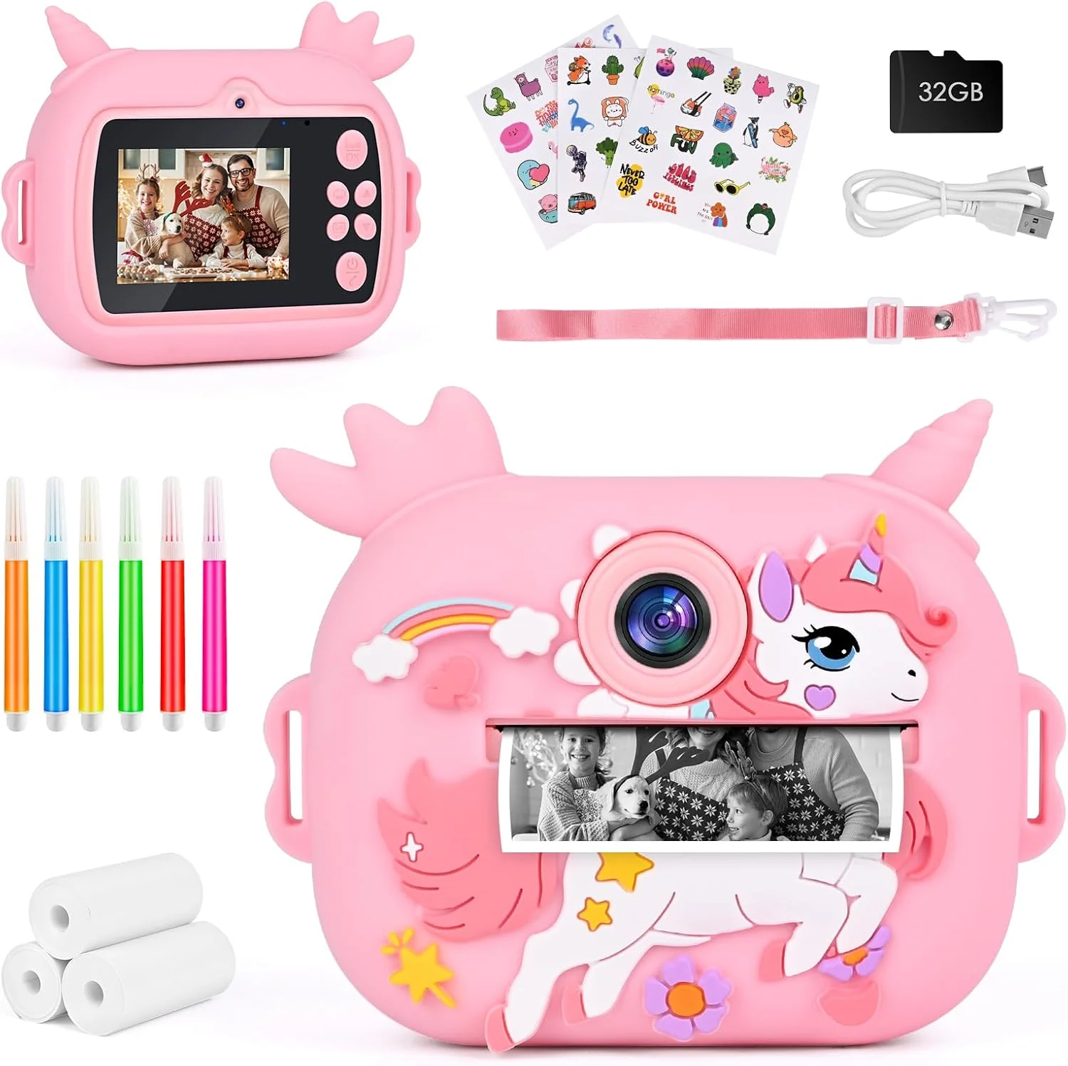 دوربین فوری چاپ کودکانه GuKKK 1080P، صفحه نمایش 2.4 اینچی، دوربین دیجیتال برای کودکان، با کارت 32 گیگابایتی، 10 رول کاغذ چاپ، 5 قلم رنگی، هدیه (صورتی)