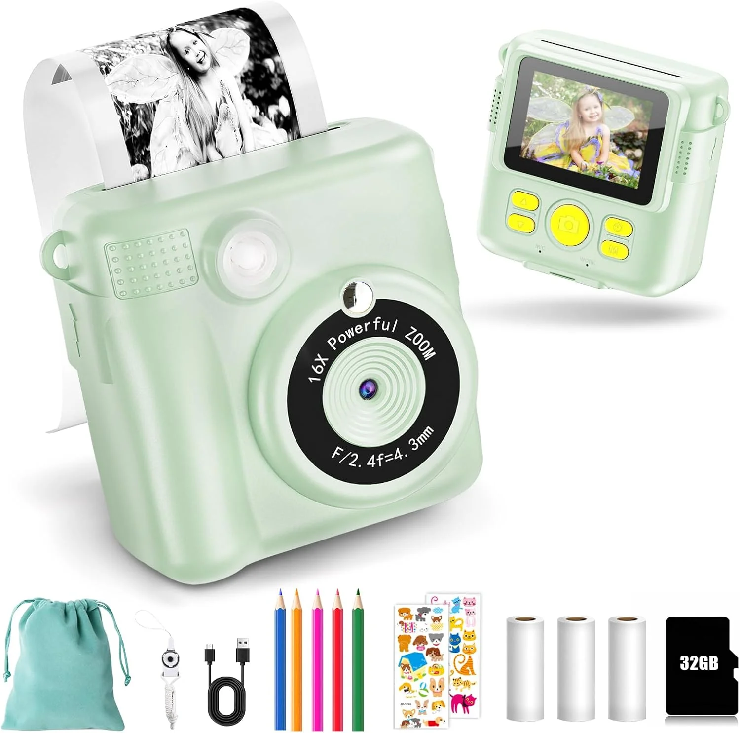دوربین کودکانه - دوربین چاپ فوری دیجیتال 1080P - زوم دیجیتال 16 برابر صفحه نمایش 2.4 اینچی - کارت 32 گیگابایتی - 3 رول کاغذ چاپ - به همراه کیف نگهداری هدیه کریسمس برای کودکان 3-12 سال