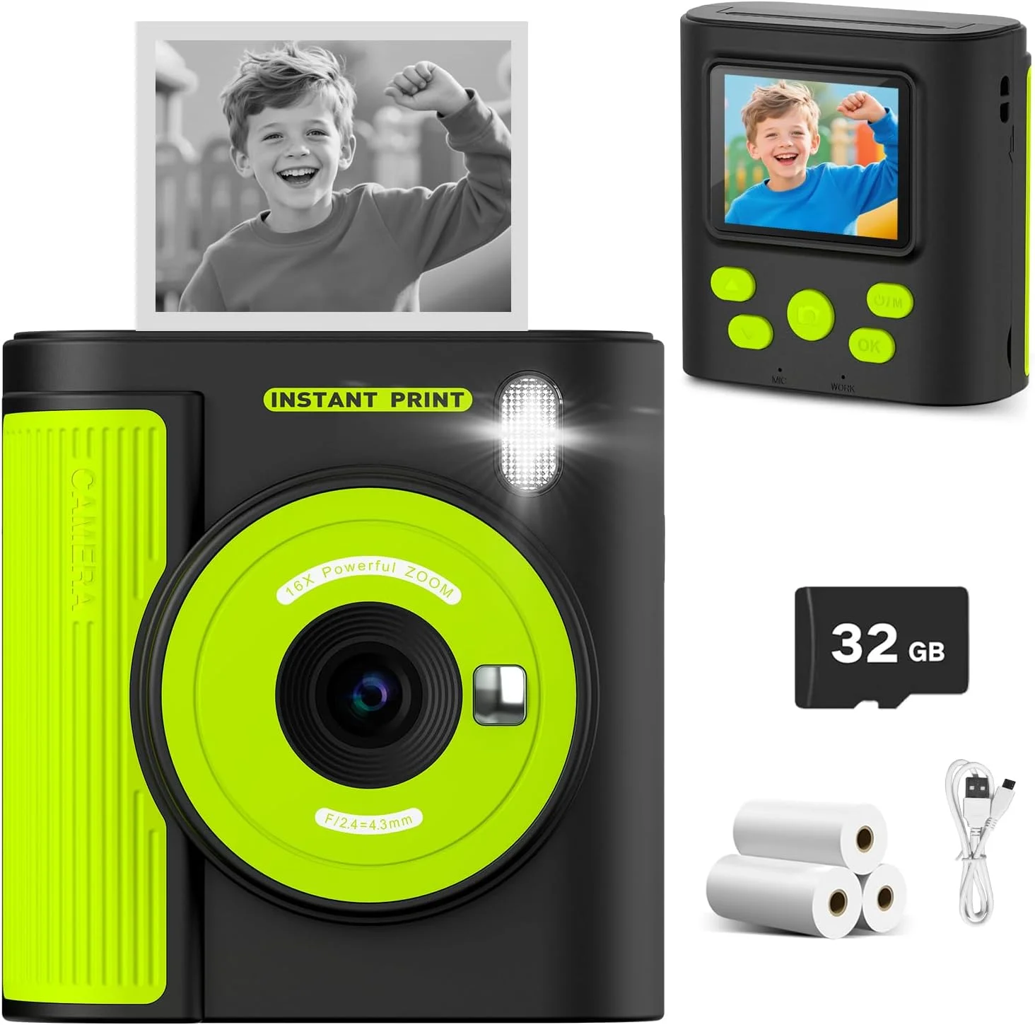 دوربین چاپ فوری کودکانه Zicor، دوربین فیلمبرداری دیجیتال 1080HD و چاپ فوری برای کودکان، هدیه ای سرگرم کننده برای کریسمس و تولد پسران و دختران، همراه با کارت SD 32 گیگابایتی، سبک و قابل حمل