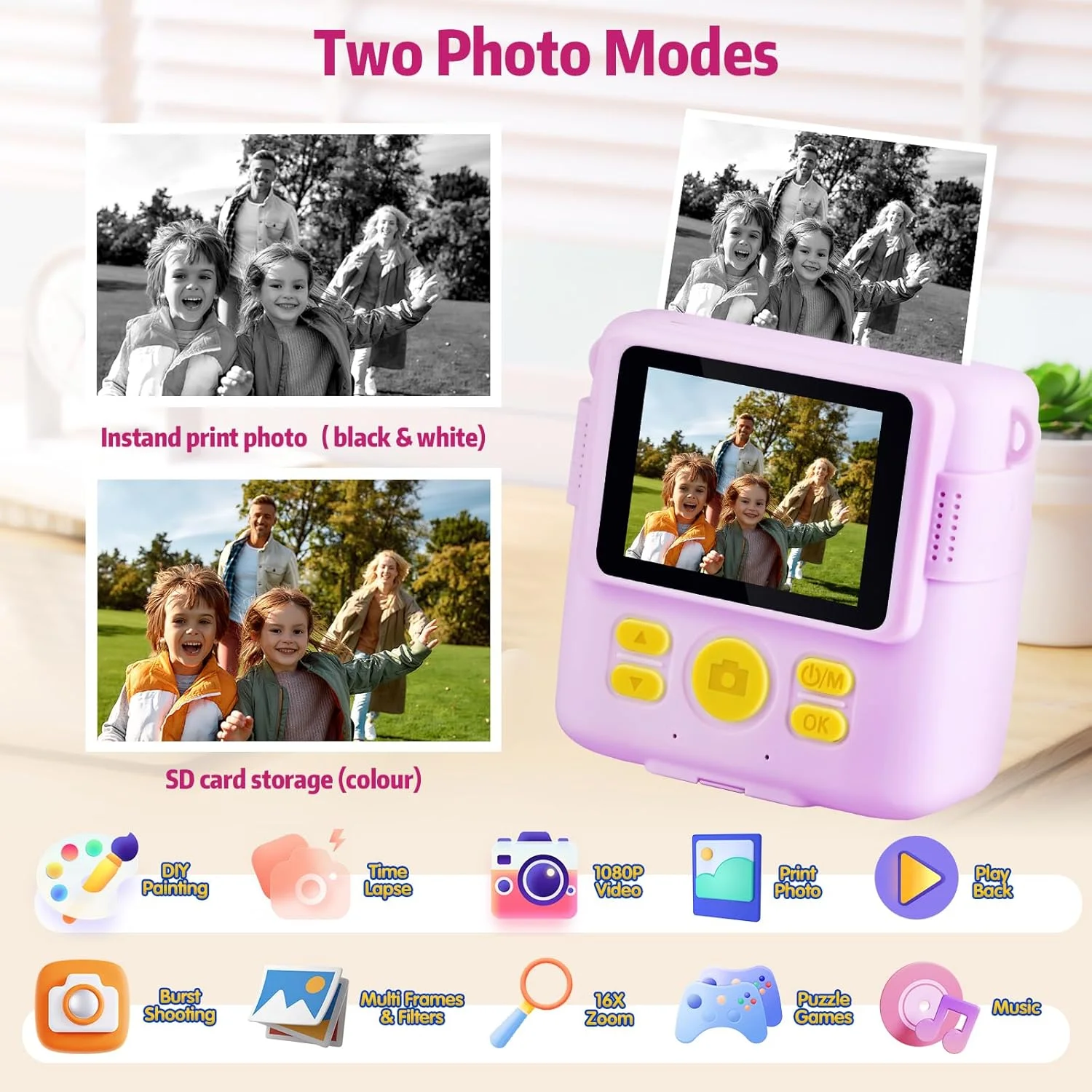 دوربین کودکان، دوربین فوری برای کودکان، صفحه نمایش 2.4 اینچی 1080P، دوربین دیجیتال کودکان با زوم دیجیتال 16 برابر، کارت TF 32 گیگابایتی، کاغذ چاپ، هدیه دوربین فوری کودکان