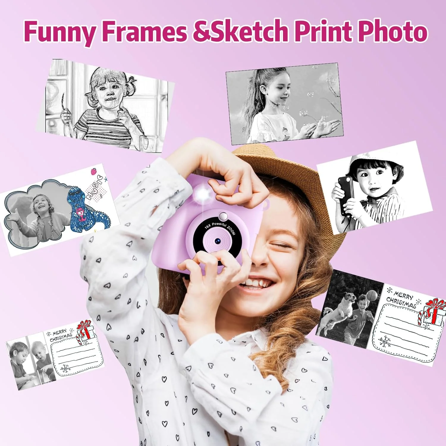 دوربین کودکان، دوربین فوری برای کودکان، صفحه نمایش 2.4 اینچی 1080P، دوربین دیجیتال کودکان با زوم دیجیتال 16 برابر، کارت TF 32 گیگابایتی، کاغذ چاپ، هدیه دوربین فوری کودکان