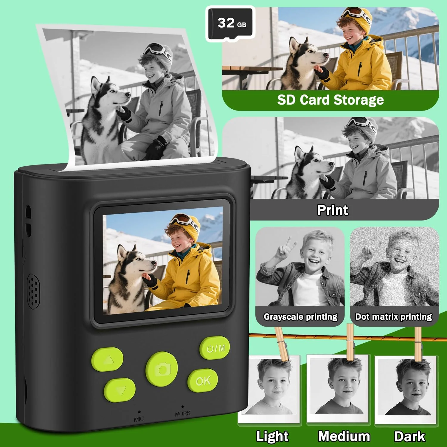 دوربین چاپ فوری کودکانه Zicor، دوربین فیلمبرداری دیجیتال 1080HD و چاپ فوری برای کودکان، هدیه ای سرگرم کننده برای کریسمس و تولد پسران و دختران، همراه با کارت SD 32 گیگابایتی، سبک و قابل حمل