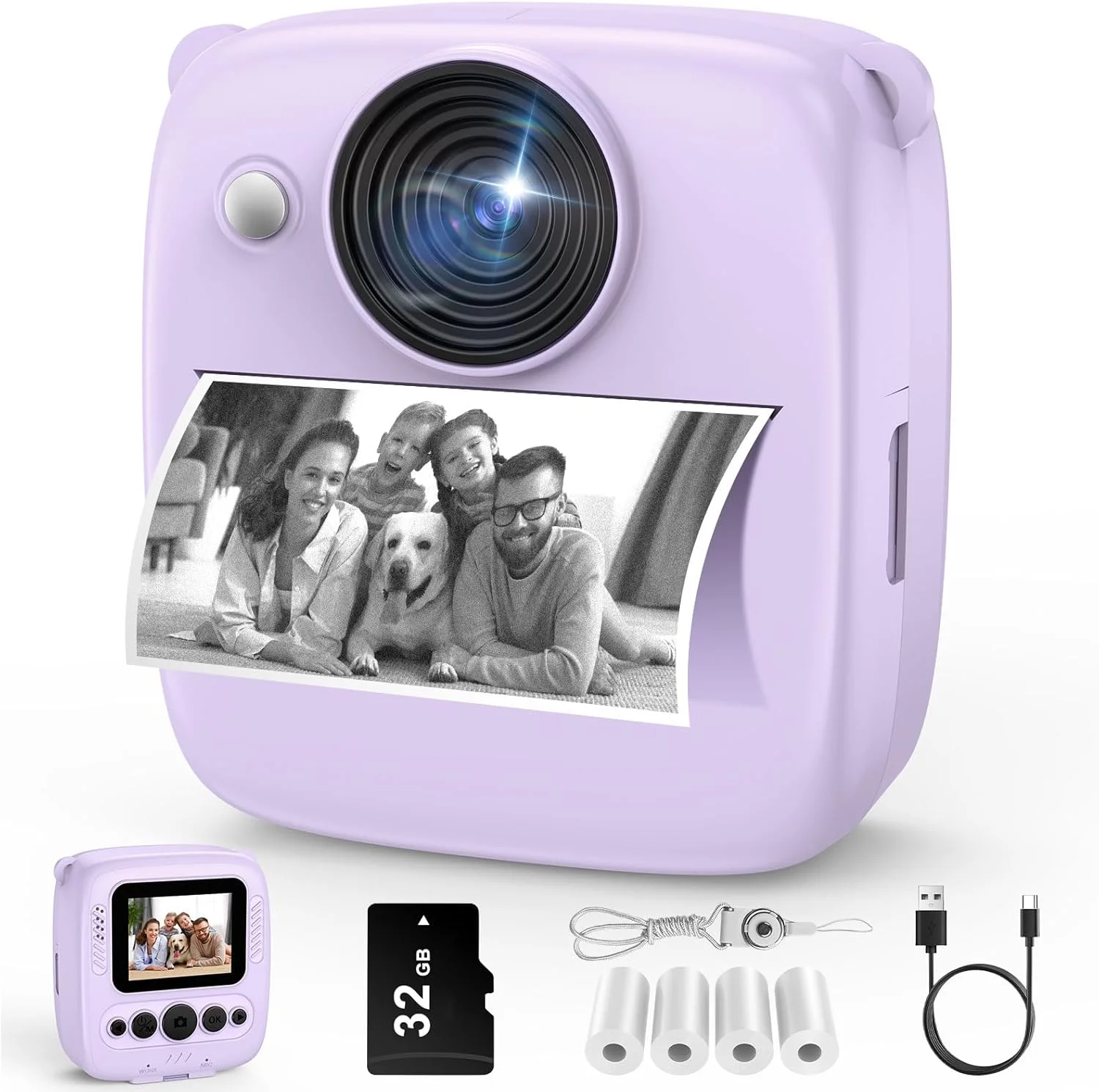 دوربین فوری کودکان به همراه کارت حافظه 32 گیگابایتی و 4 بسته کاغذ چاپ، دوربین 48 مگاپیکسلی فوری کودکان با دوربین دیجیتال 1080P برای کودکان، هدیه برای دختران و پسران 3 تا 12 سال